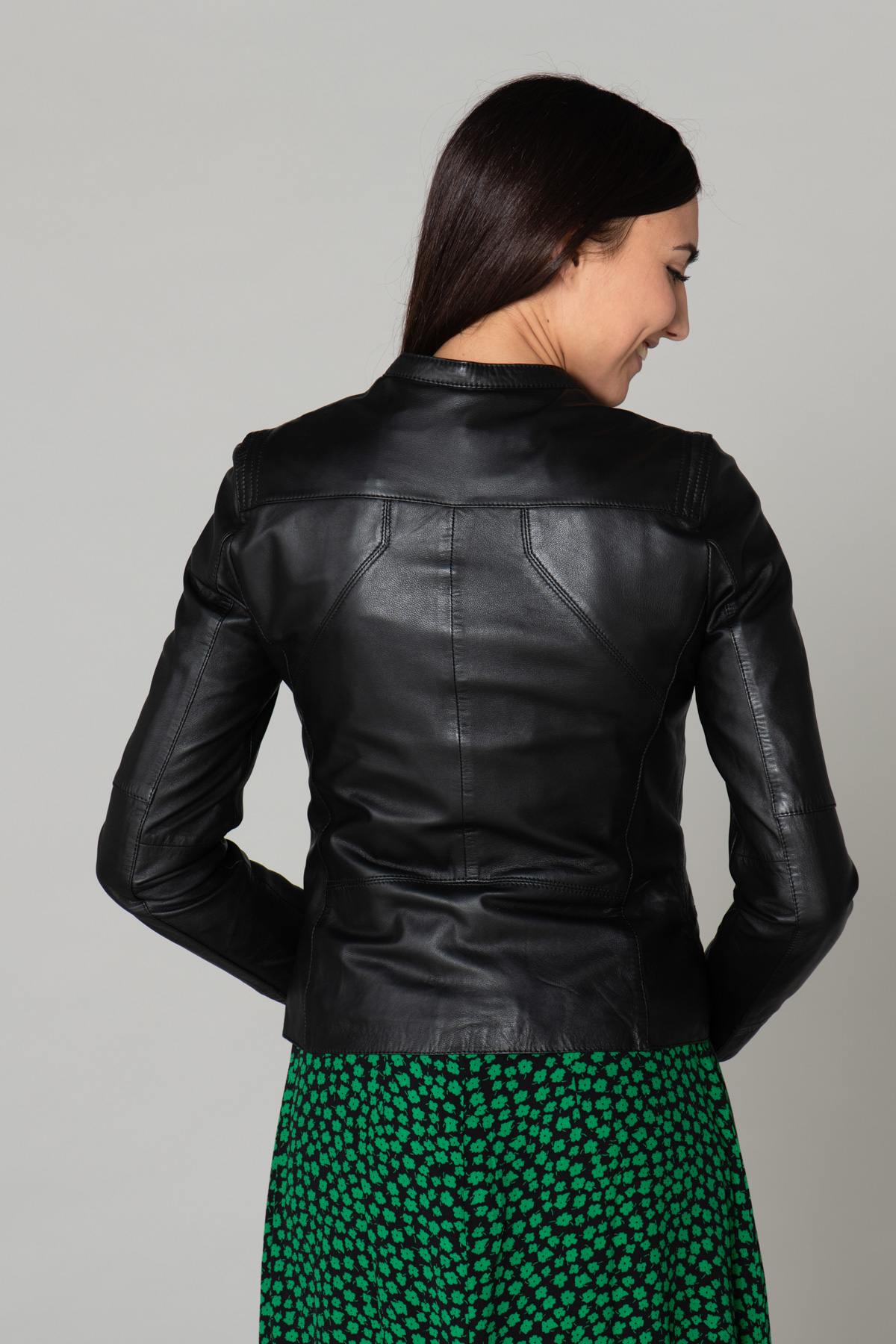 Women's black leather jacket with round neck - Image n°4