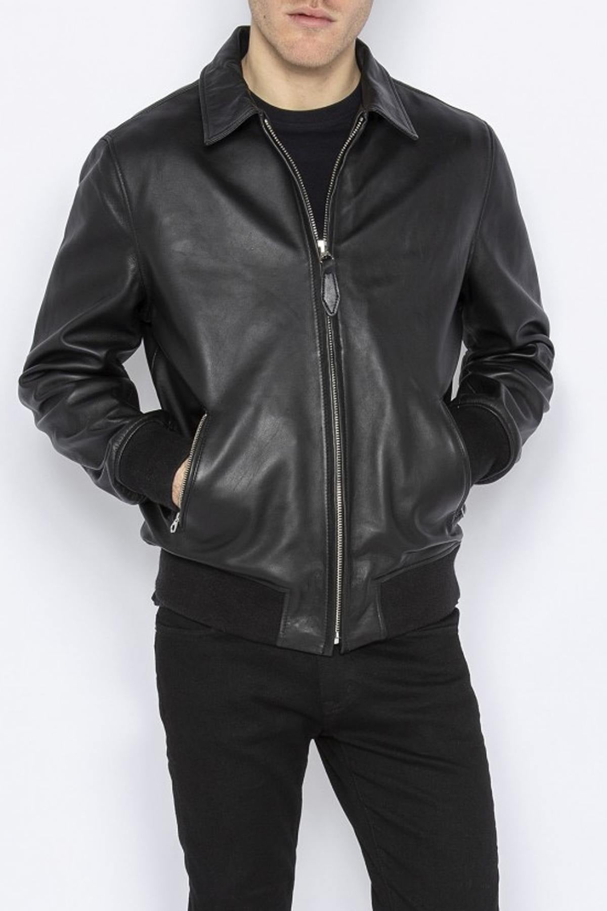 Men's black leather bomber jacket - Image n°1