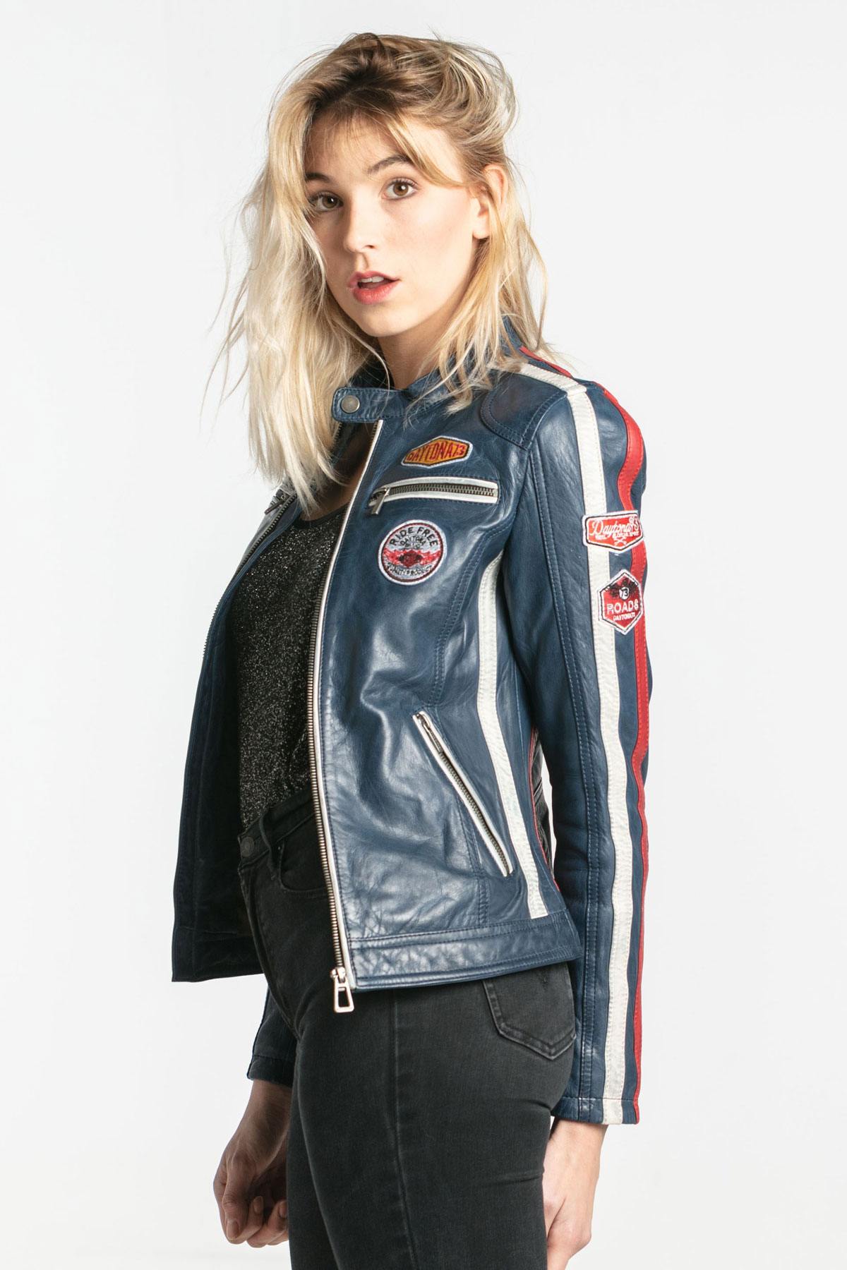 Blue leather biker look jacket - Image n°1