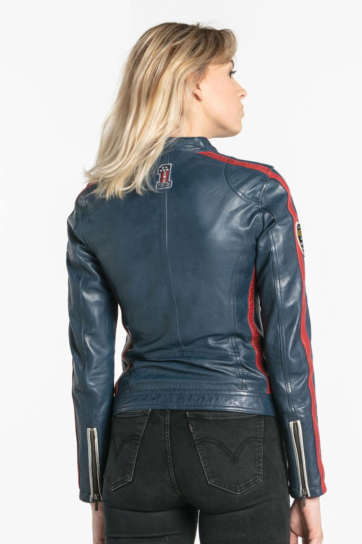 Blue leather biker look jacket - Image n°2