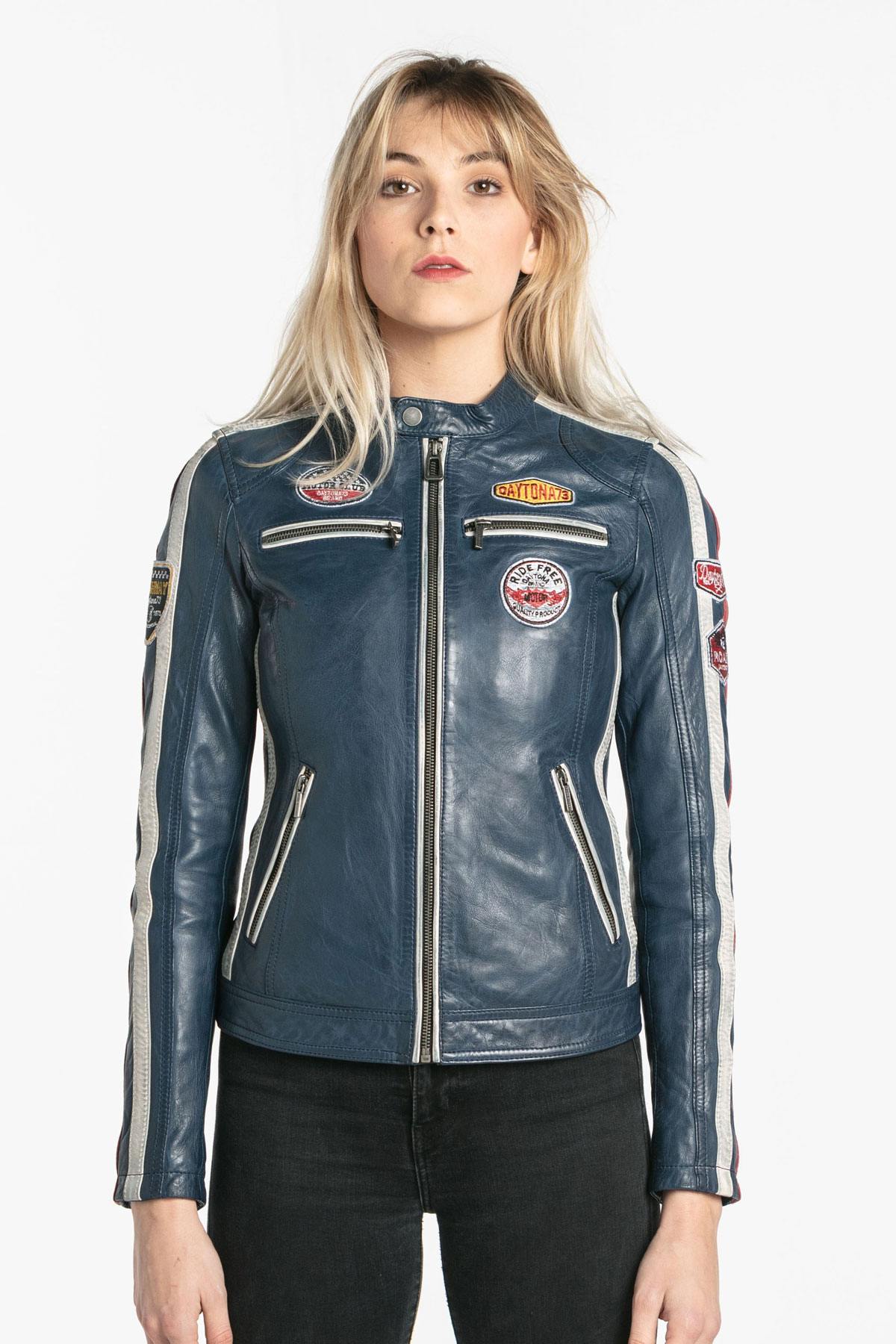 Blue leather biker look jacket - Image n°4