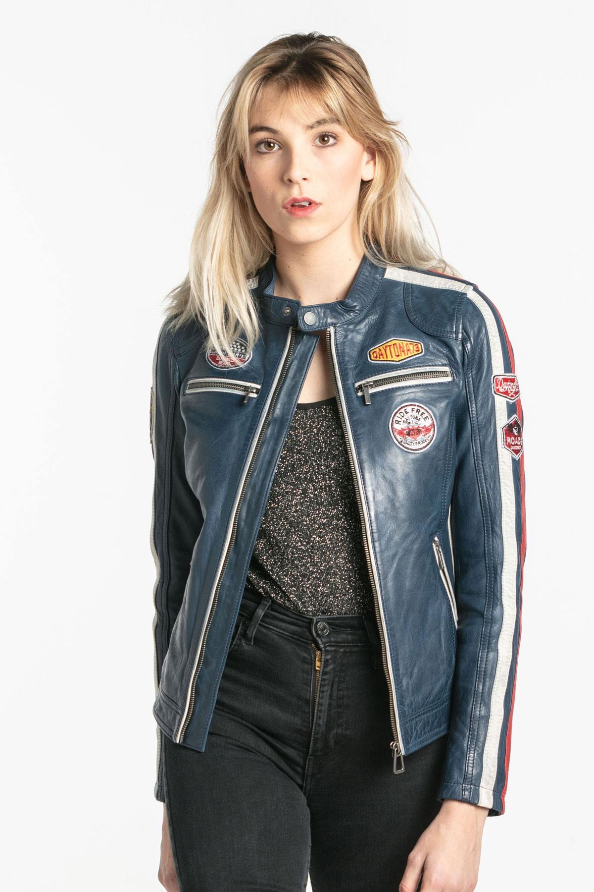 Blue leather biker look jacket - Image n°3