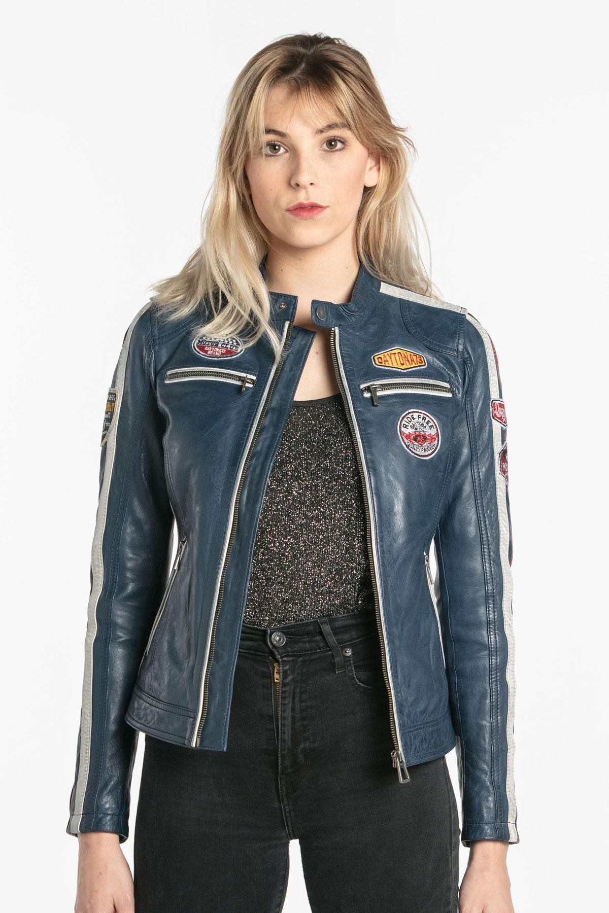 Blue leather biker look jacket - Image n°5