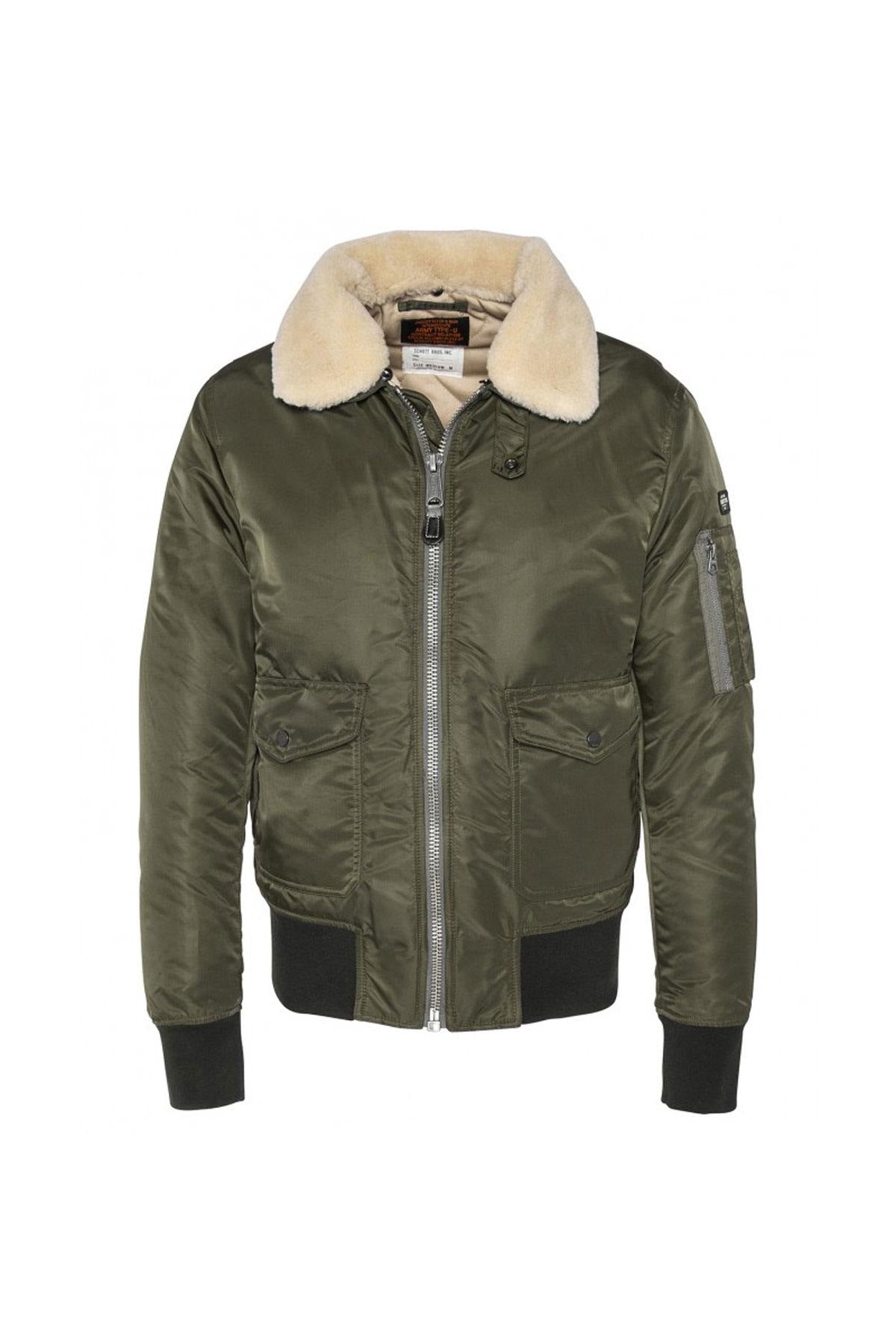 Khaki pilot jacket with beige fur-lined collar - Image n°8