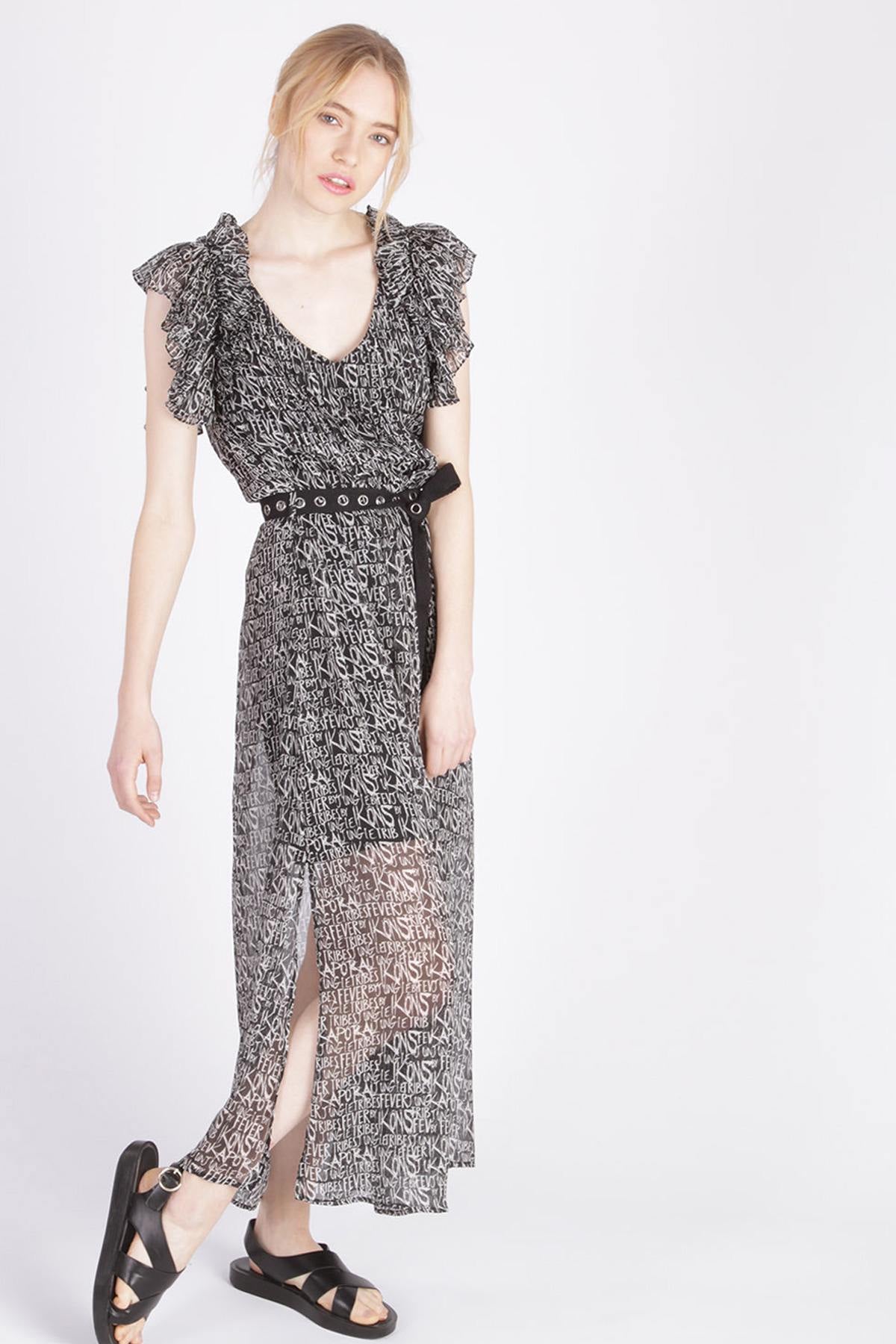 Long printed dress with belt - Image n°4