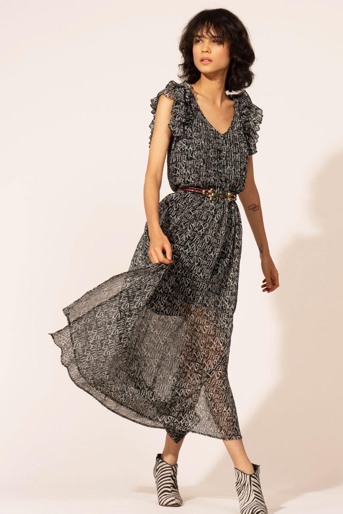 Long printed dress with belt - Image n°1