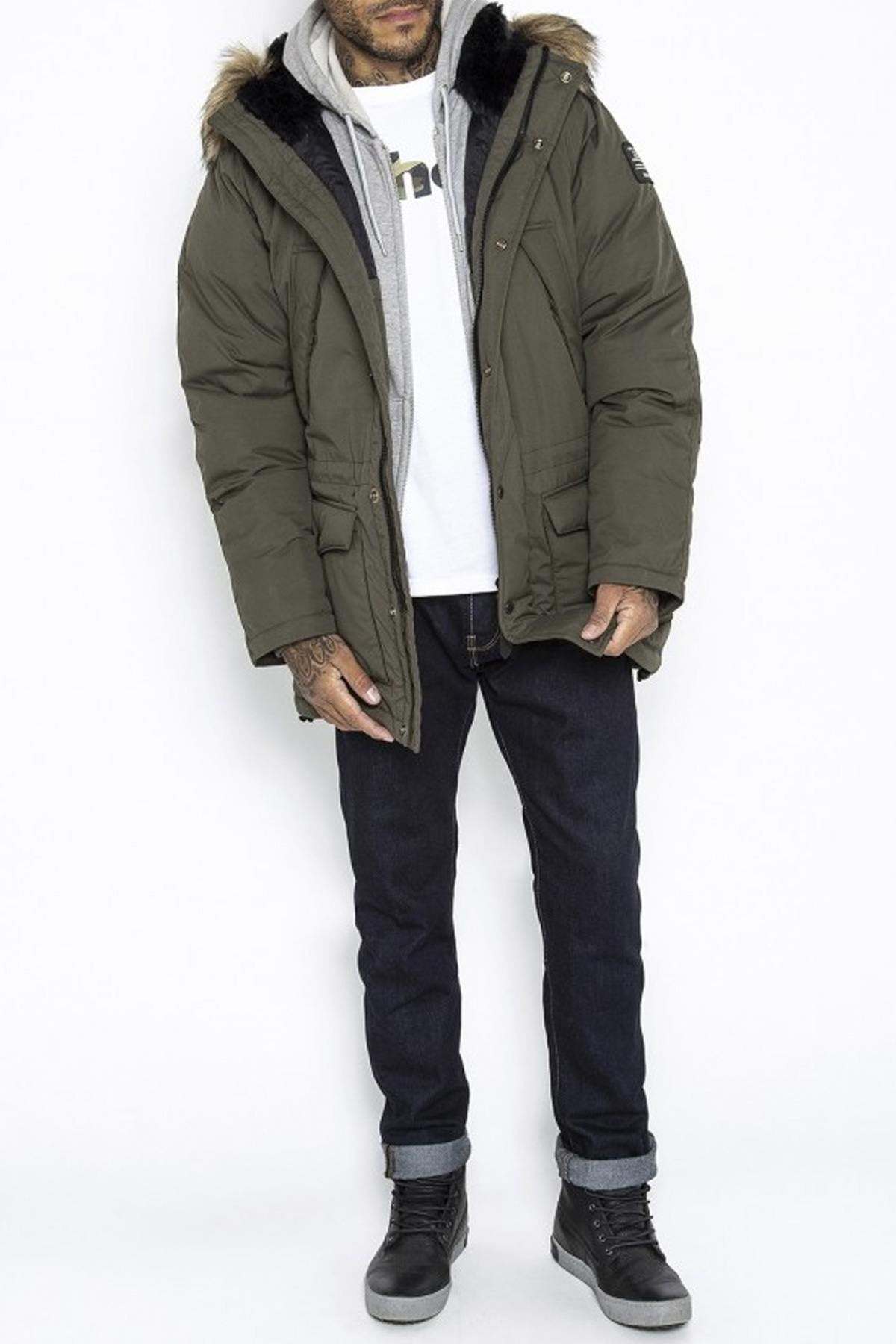 Men's khaki parka with fur-lined hood - Image n°3