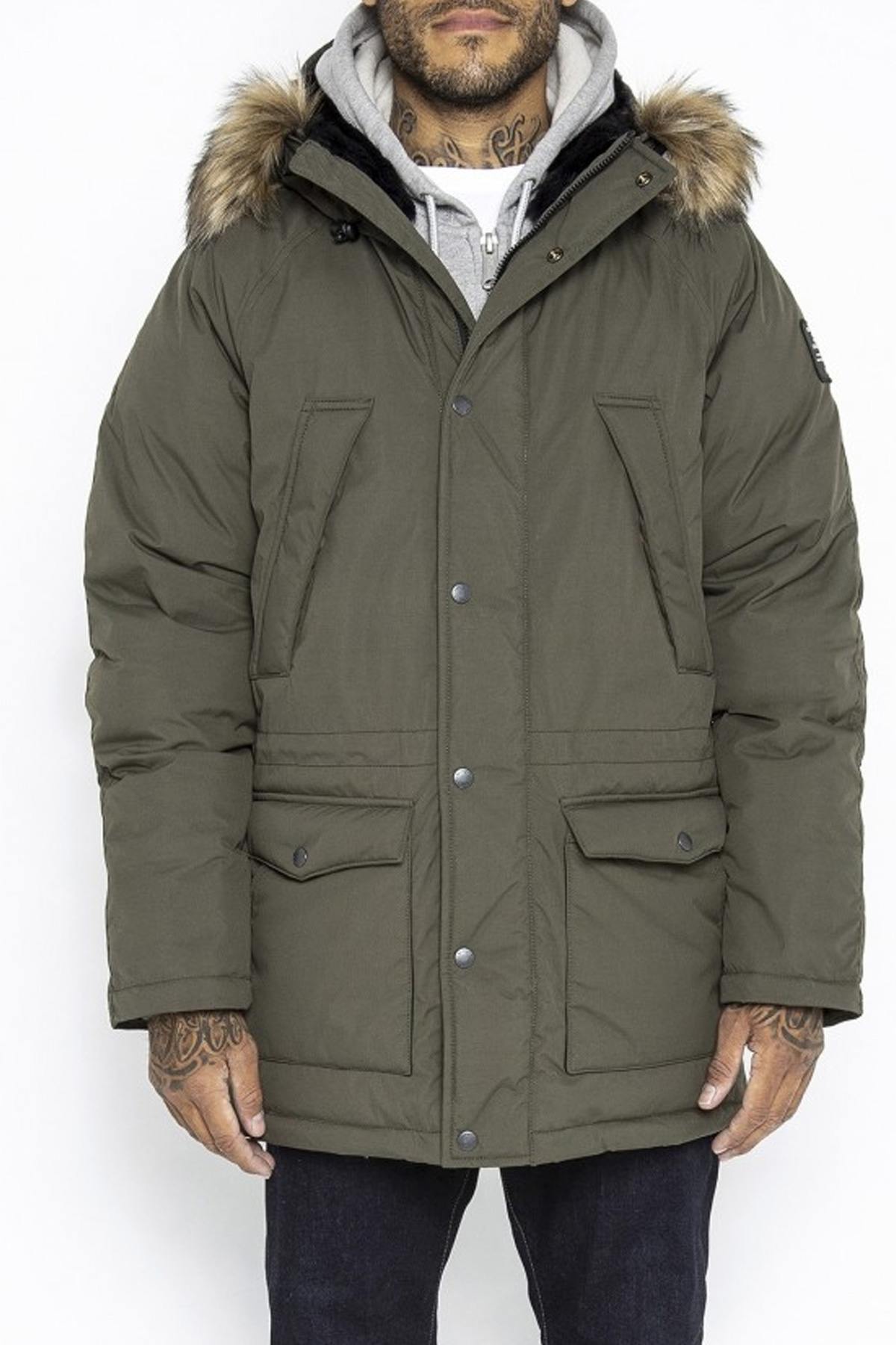 Men's khaki parka with fur-lined hood - Image n°1