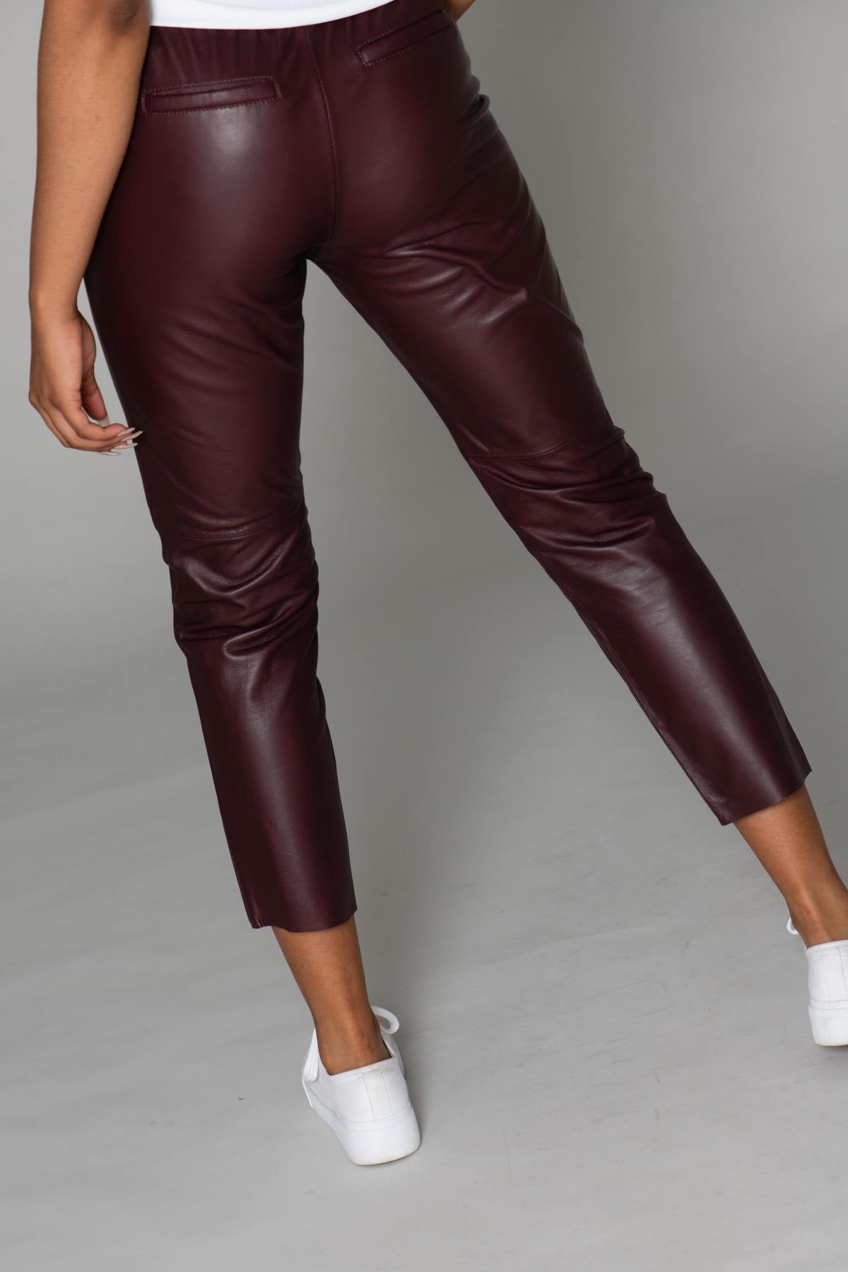 Burgundy genuine leather jogger pants - Image n°2