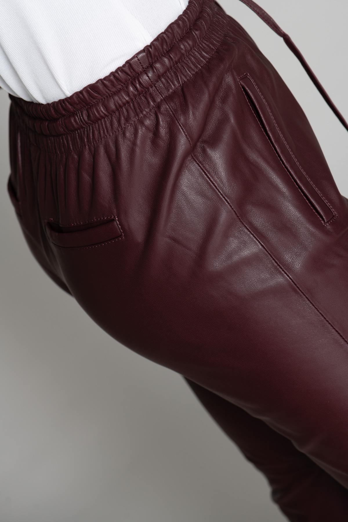 Burgundy genuine leather jogger pants - Image n°6