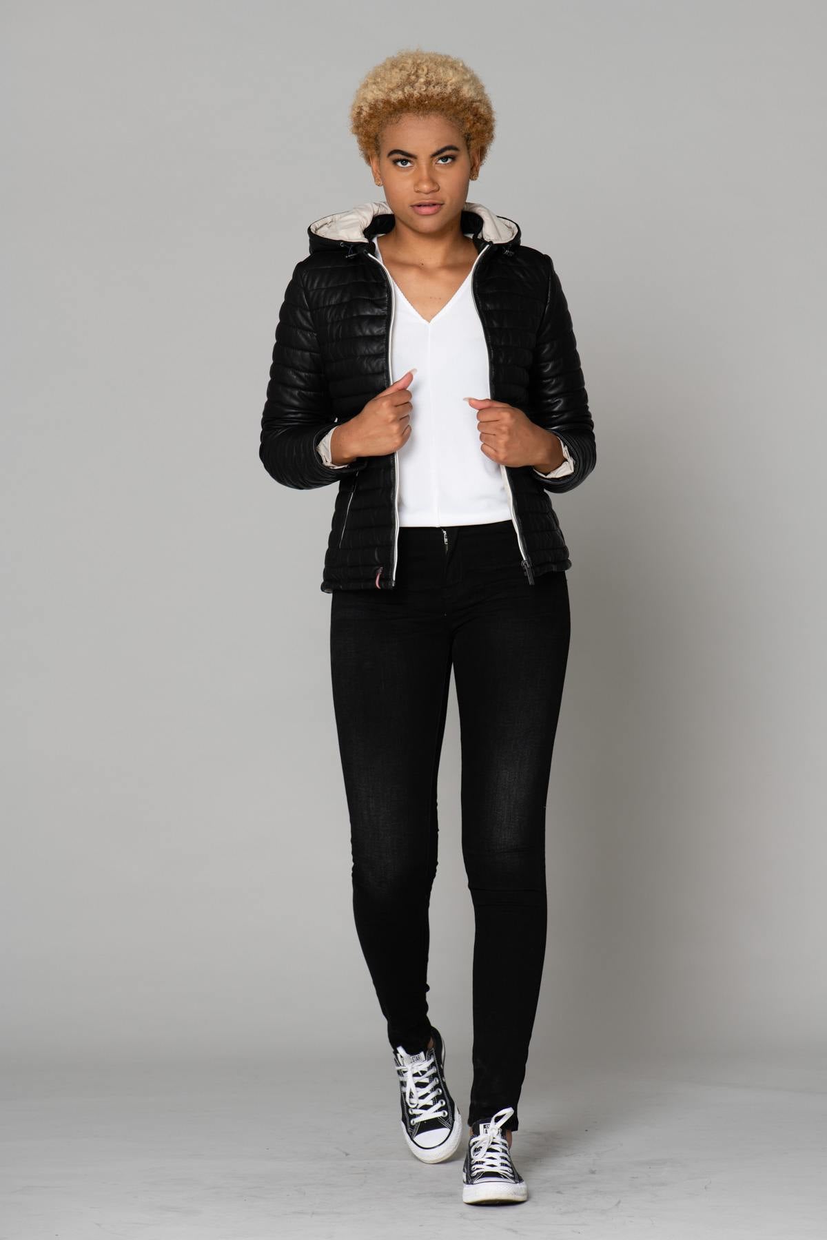 Women's black leather down jacket - Image n°3