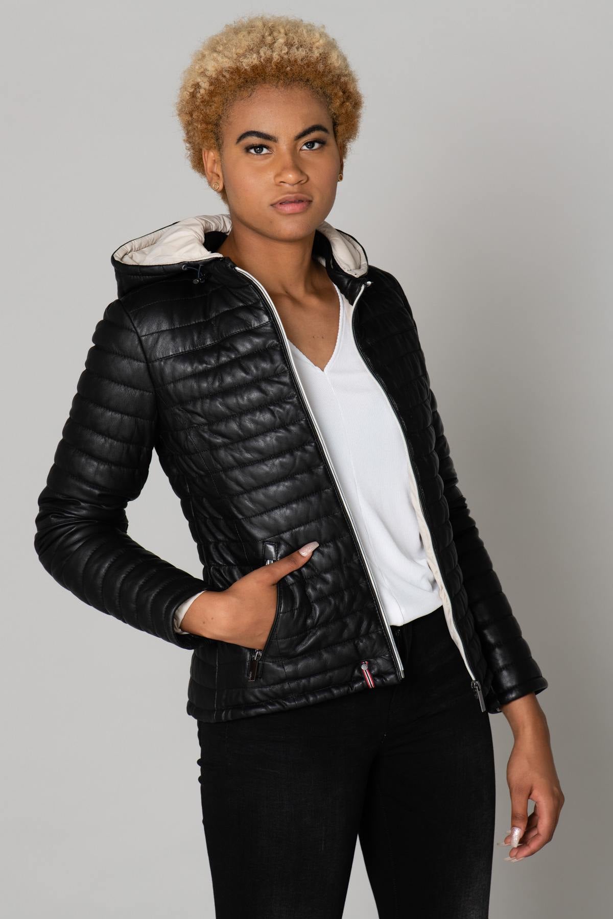 Women's black leather down jacket - Image n°2