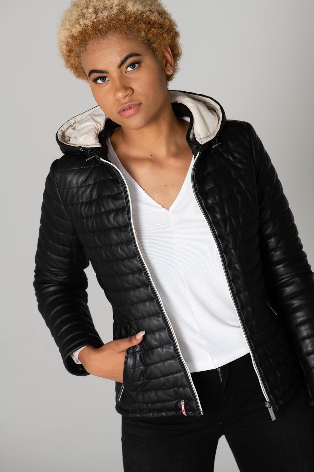 Women's black leather down jacket - Image n°6