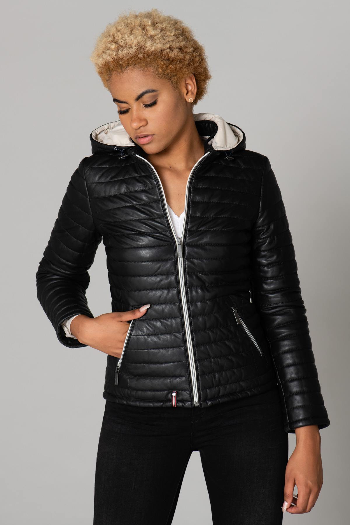 Women's black leather down jacket - Image n°1