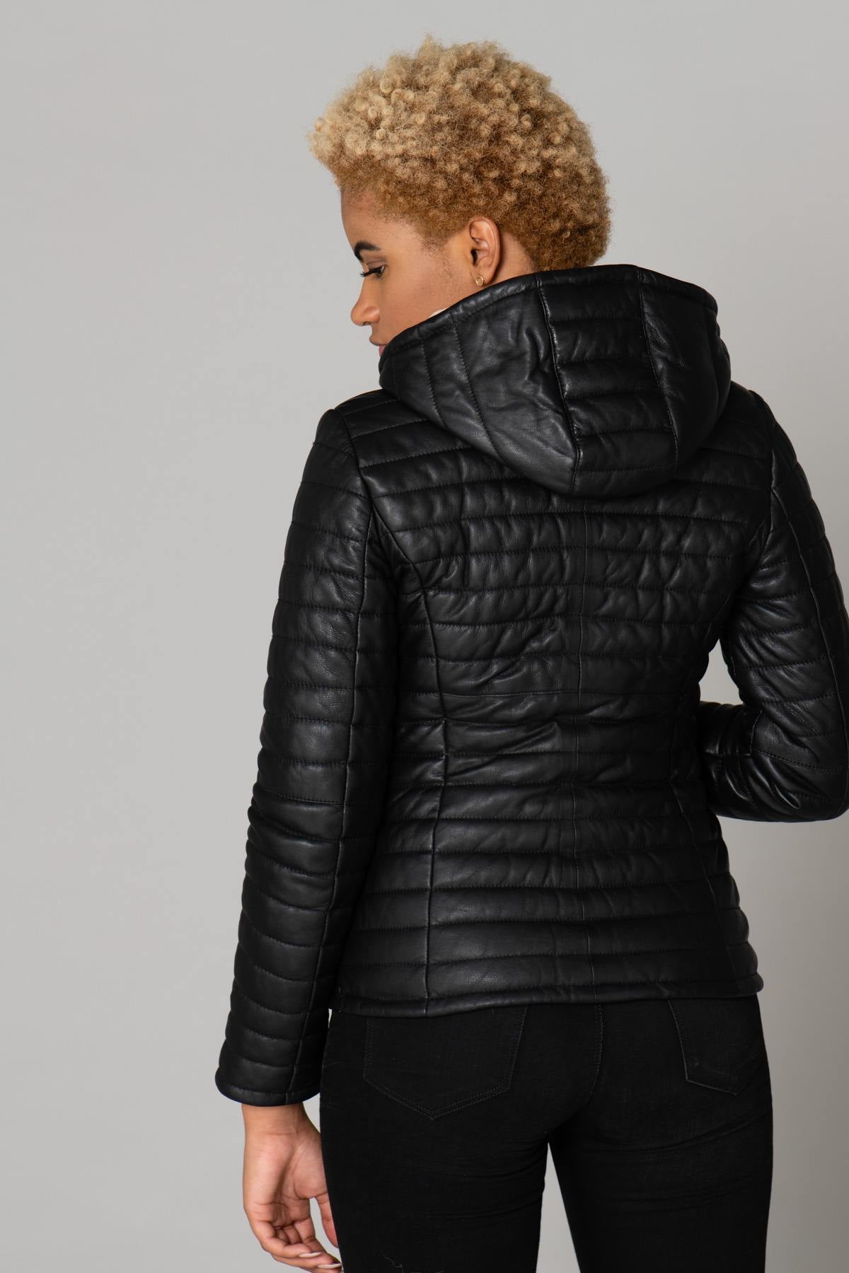 Women's black leather down jacket - Image n°5