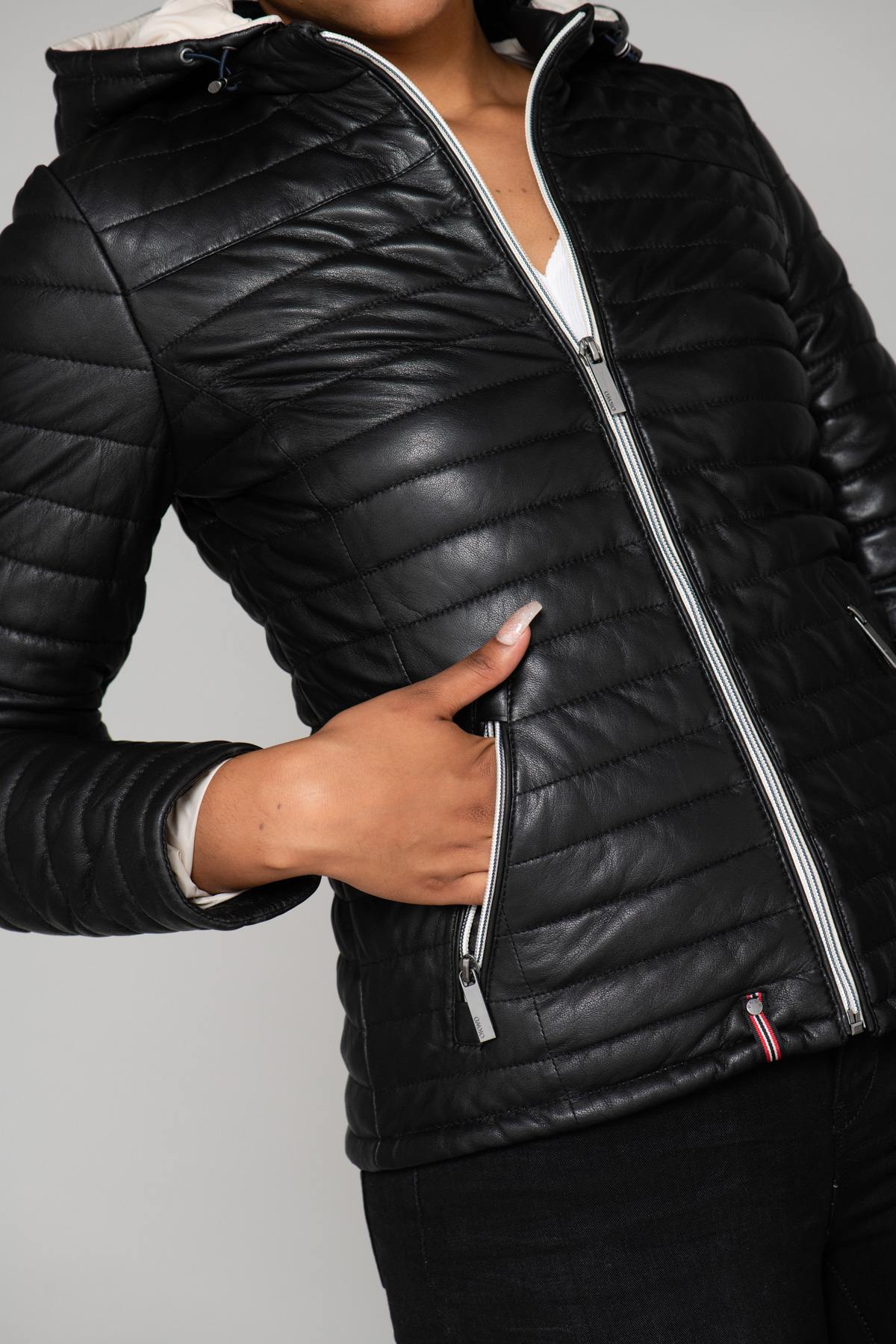 Women's black leather down jacket - Image n°7