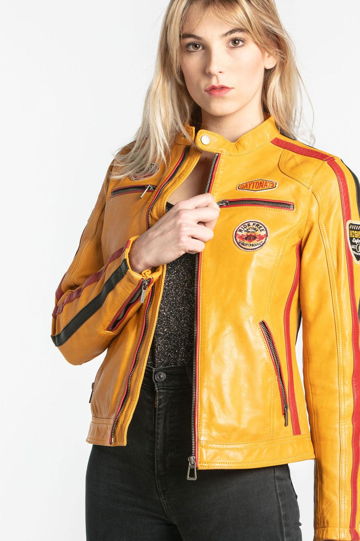 Yellow leather biker jacket - Image n°2