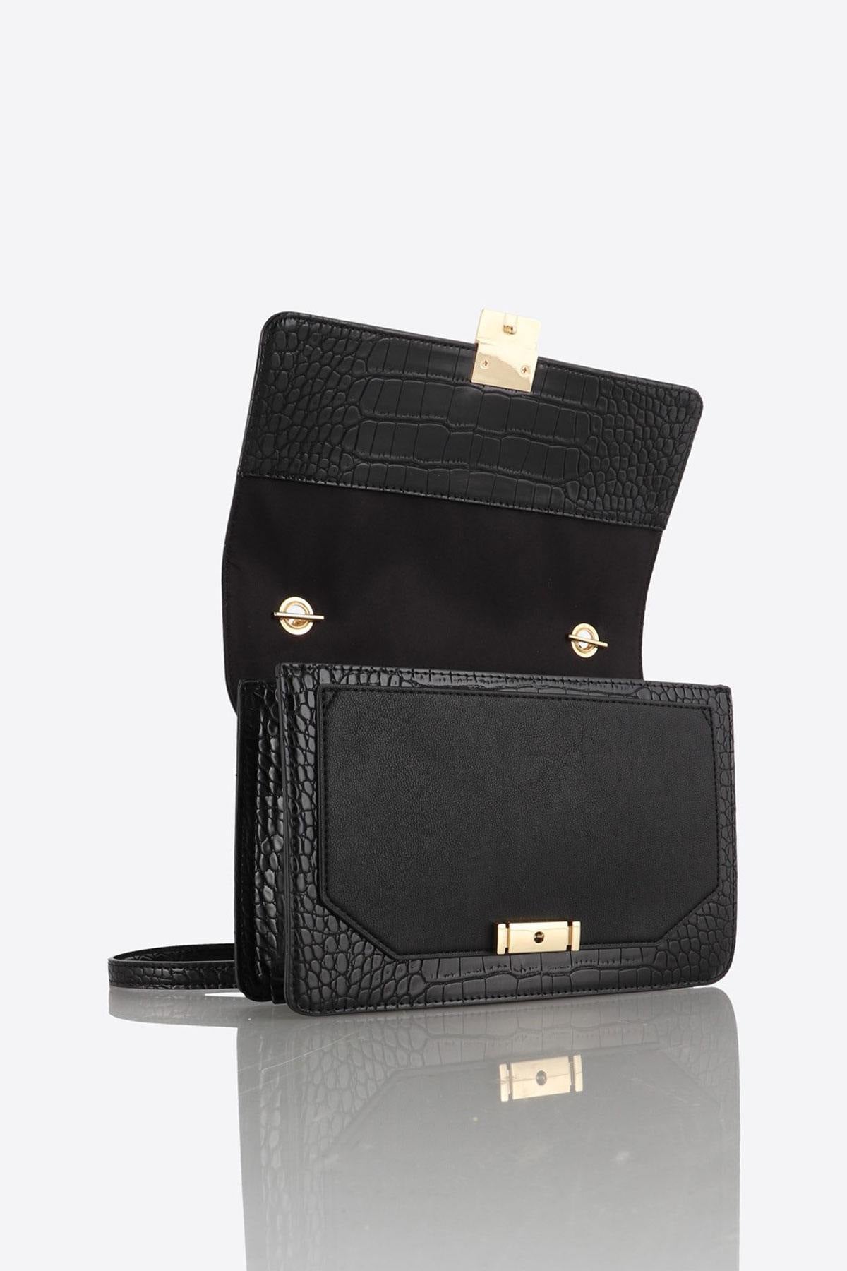 Black faux crocodile leather shoulder bag - Image n°2