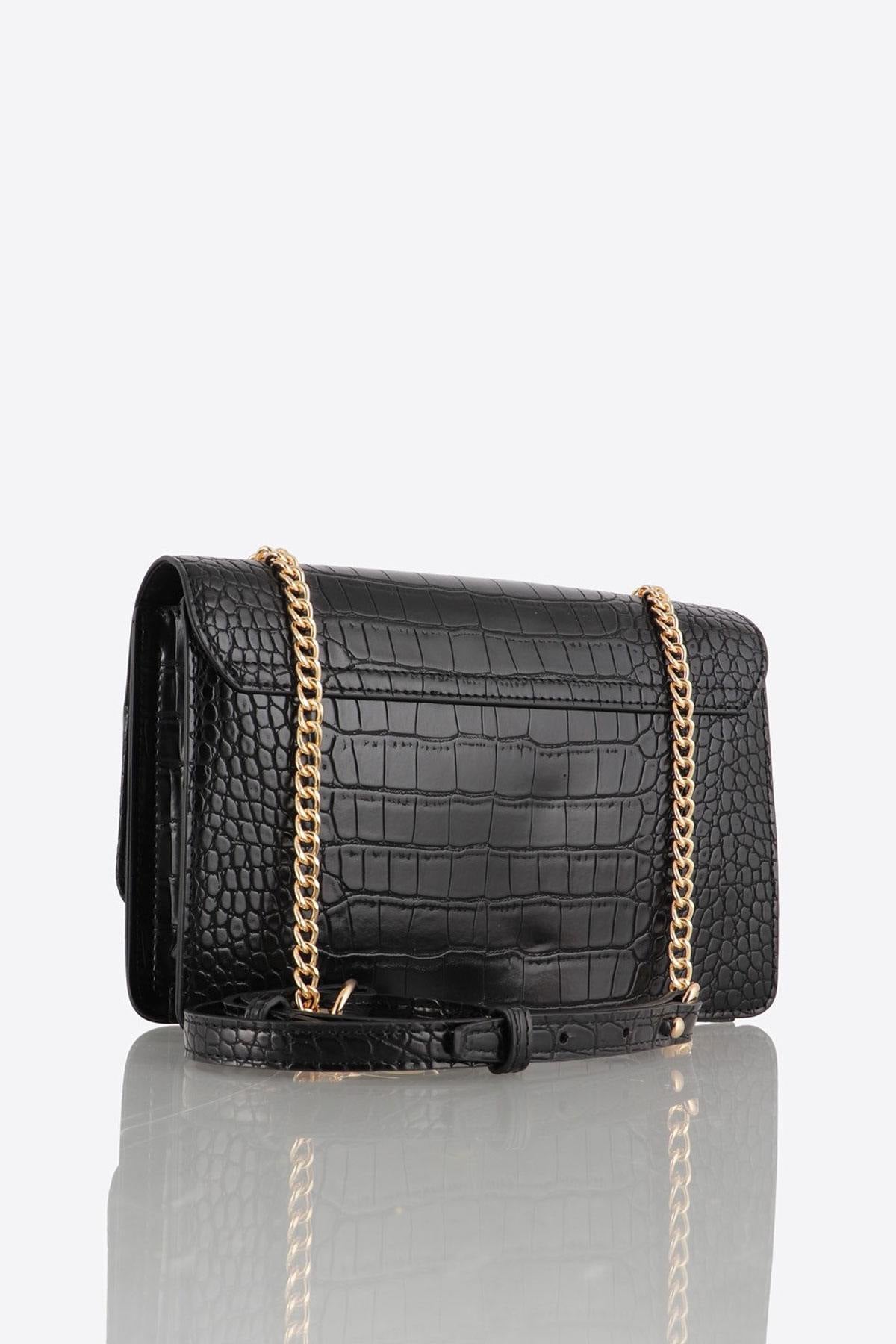 Black faux crocodile leather shoulder bag - Image n°3