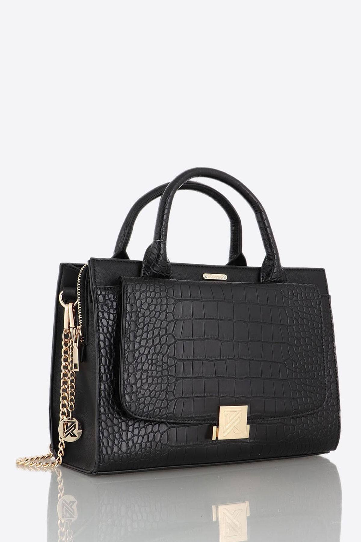 Handbag with black crocodile effect handles - Image n°1