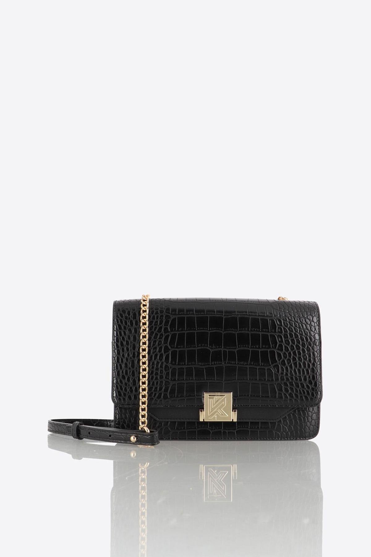 Black faux crocodile leather shoulder bag - Image n°1