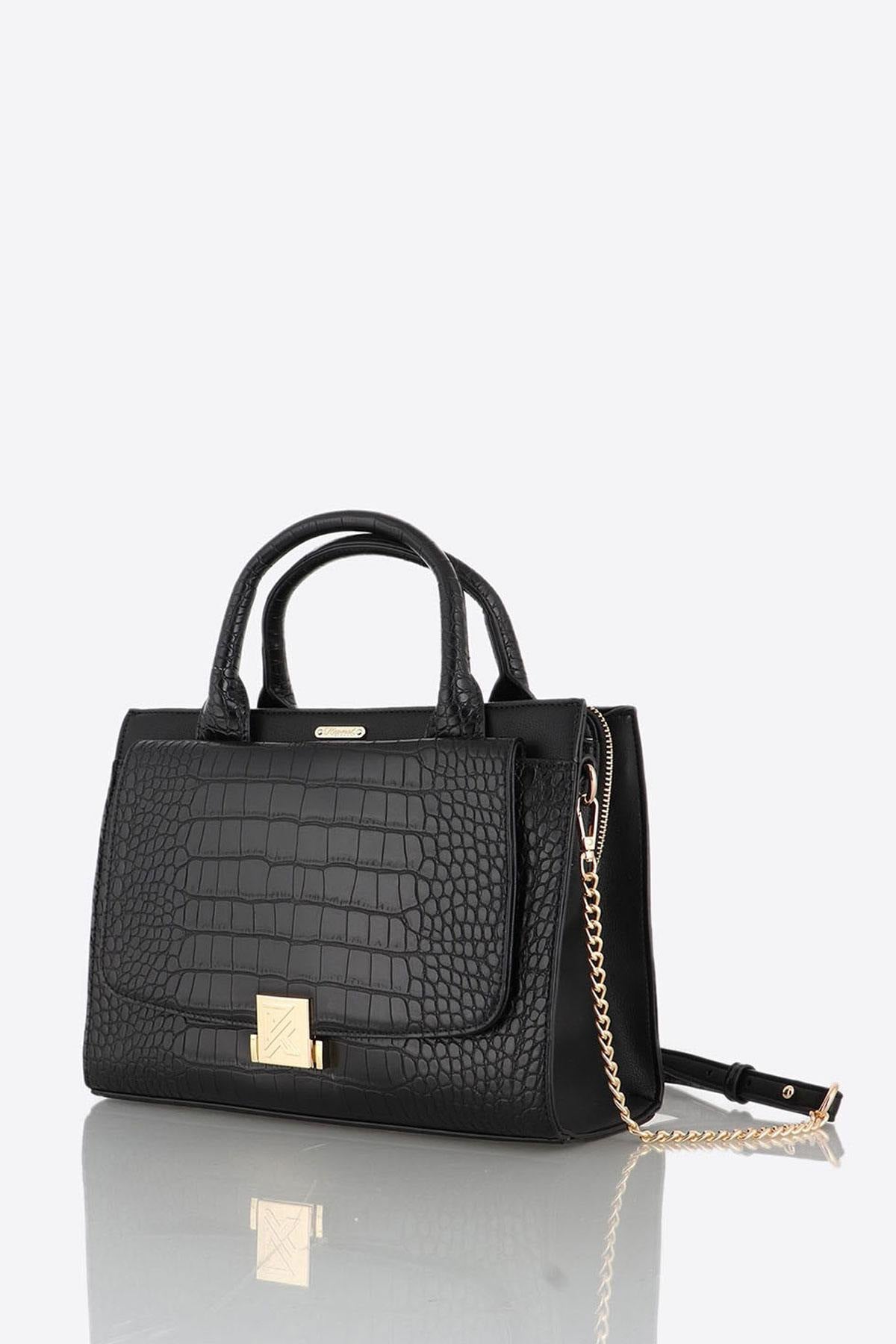 Handbag with black crocodile effect handles - Image n°3