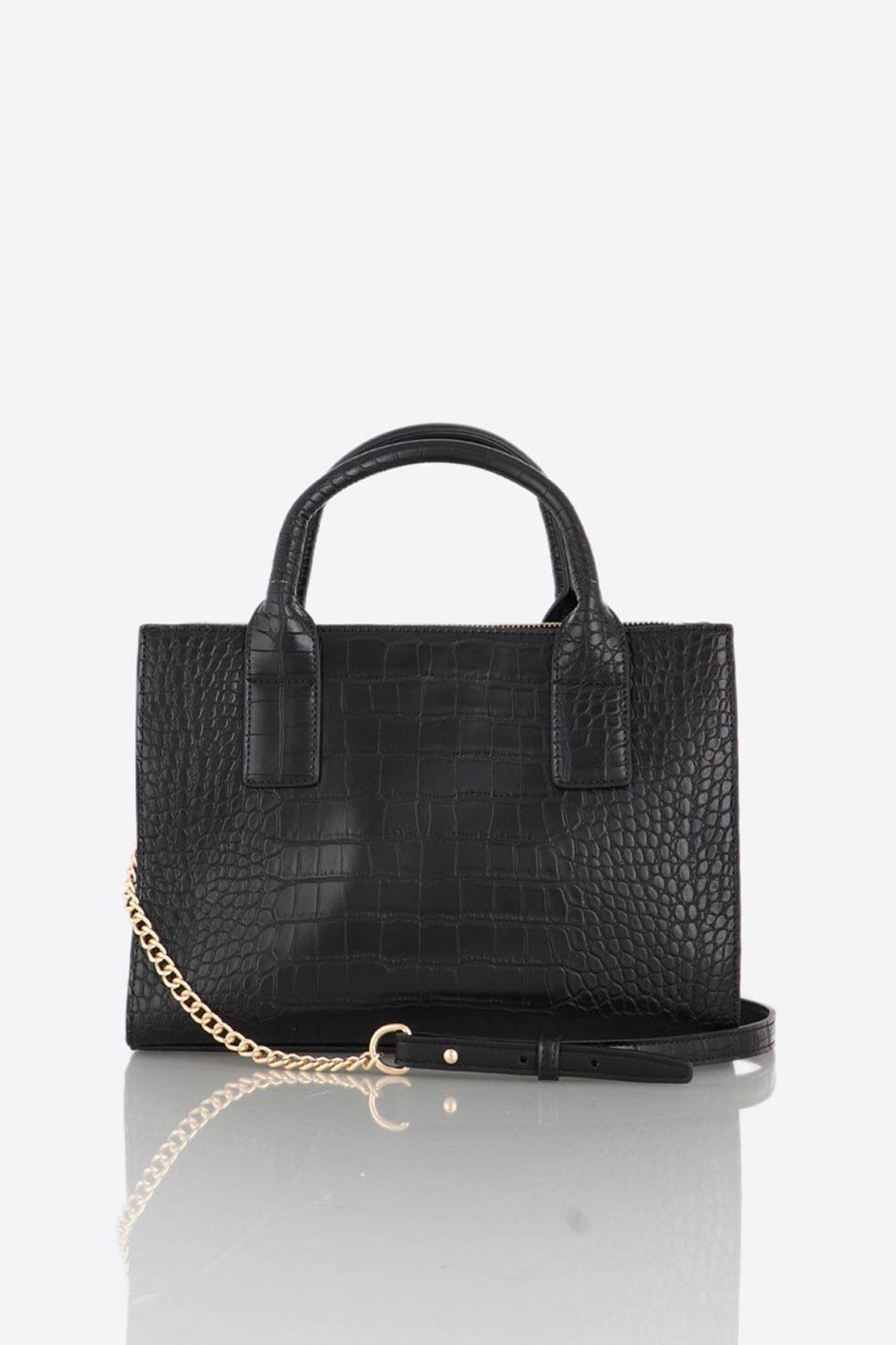 Handbag with black crocodile effect handles - Image n°4