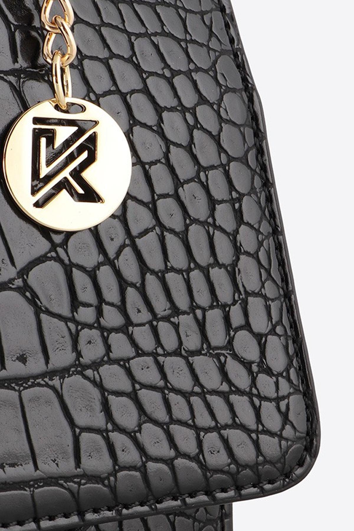 Black faux crocodile leather shoulder bag - Image n°5