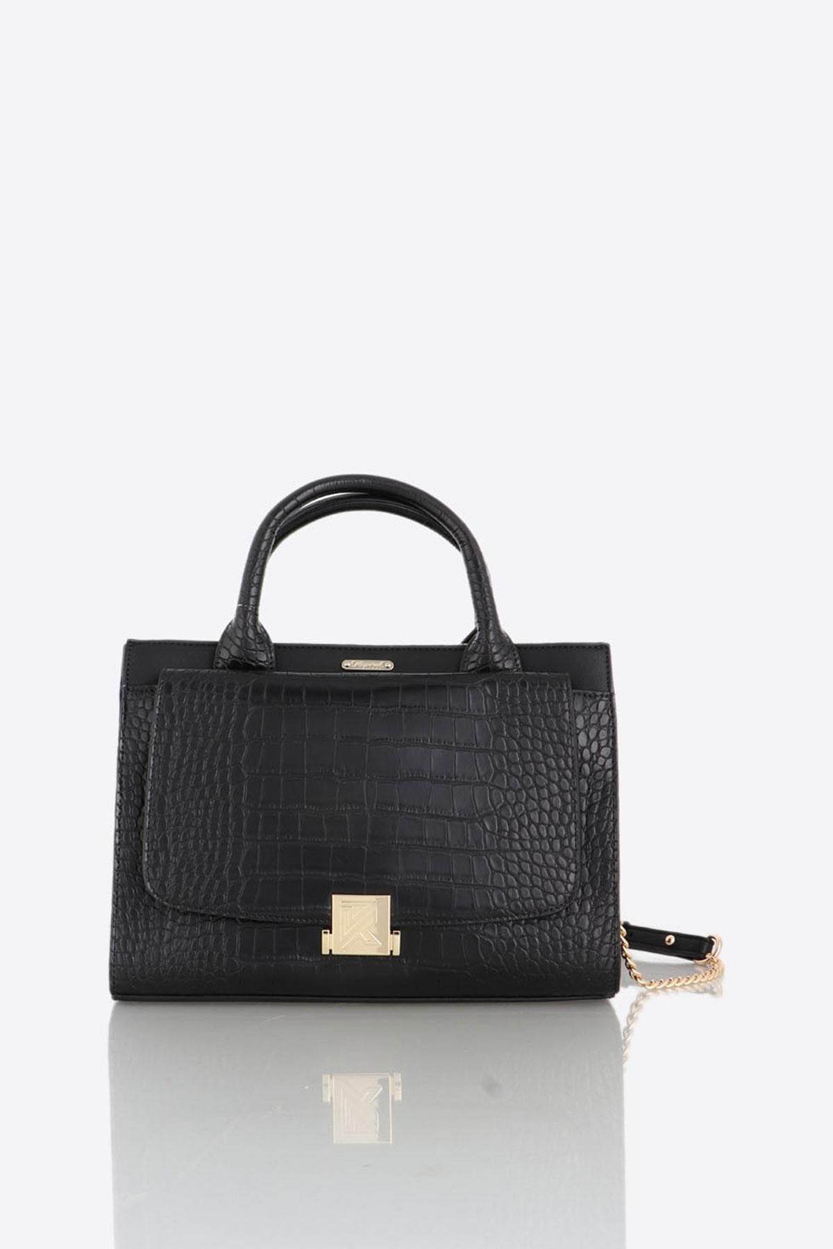 Handbag with black crocodile effect handles - Image n°5