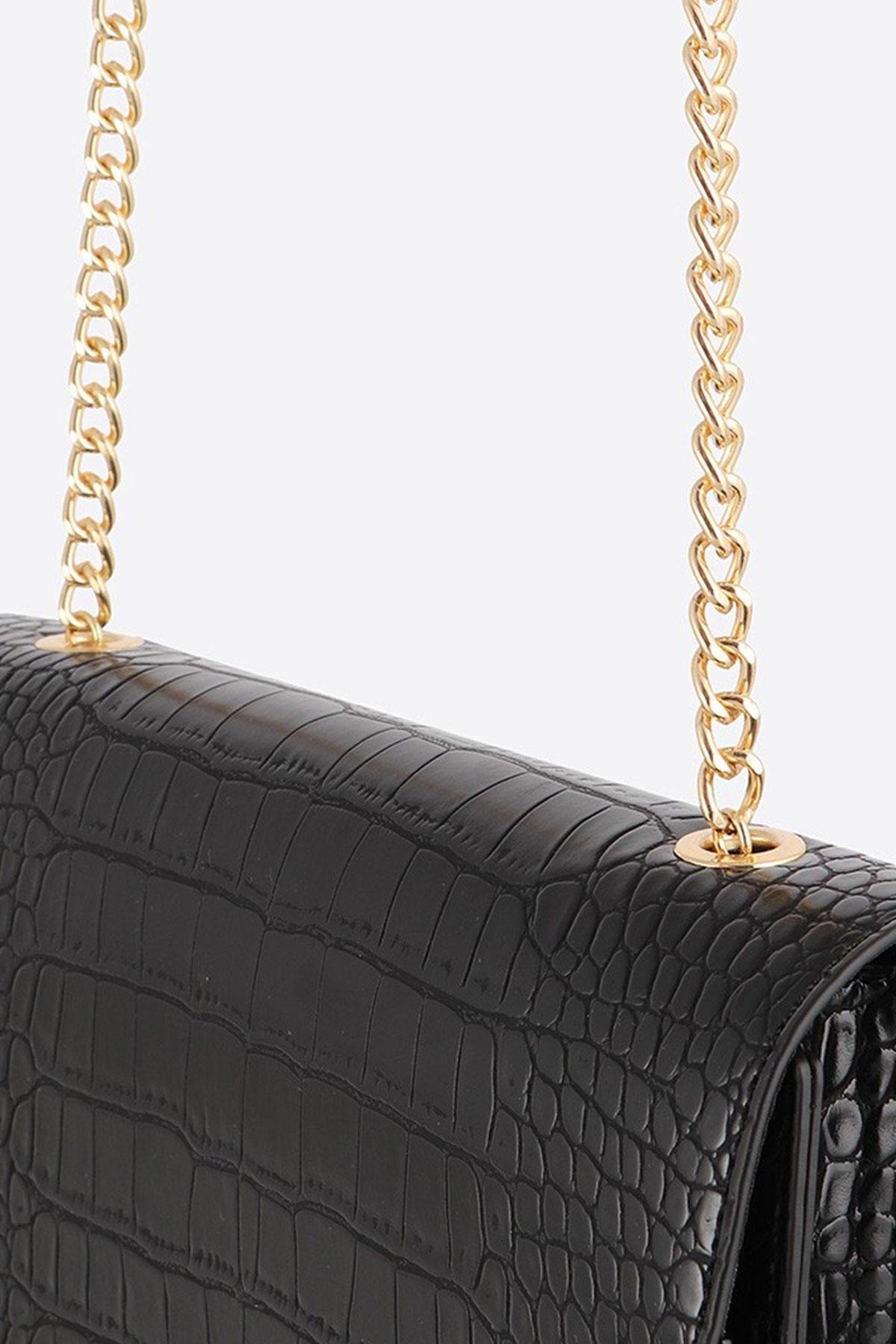 Black faux crocodile leather shoulder bag - Image n°6