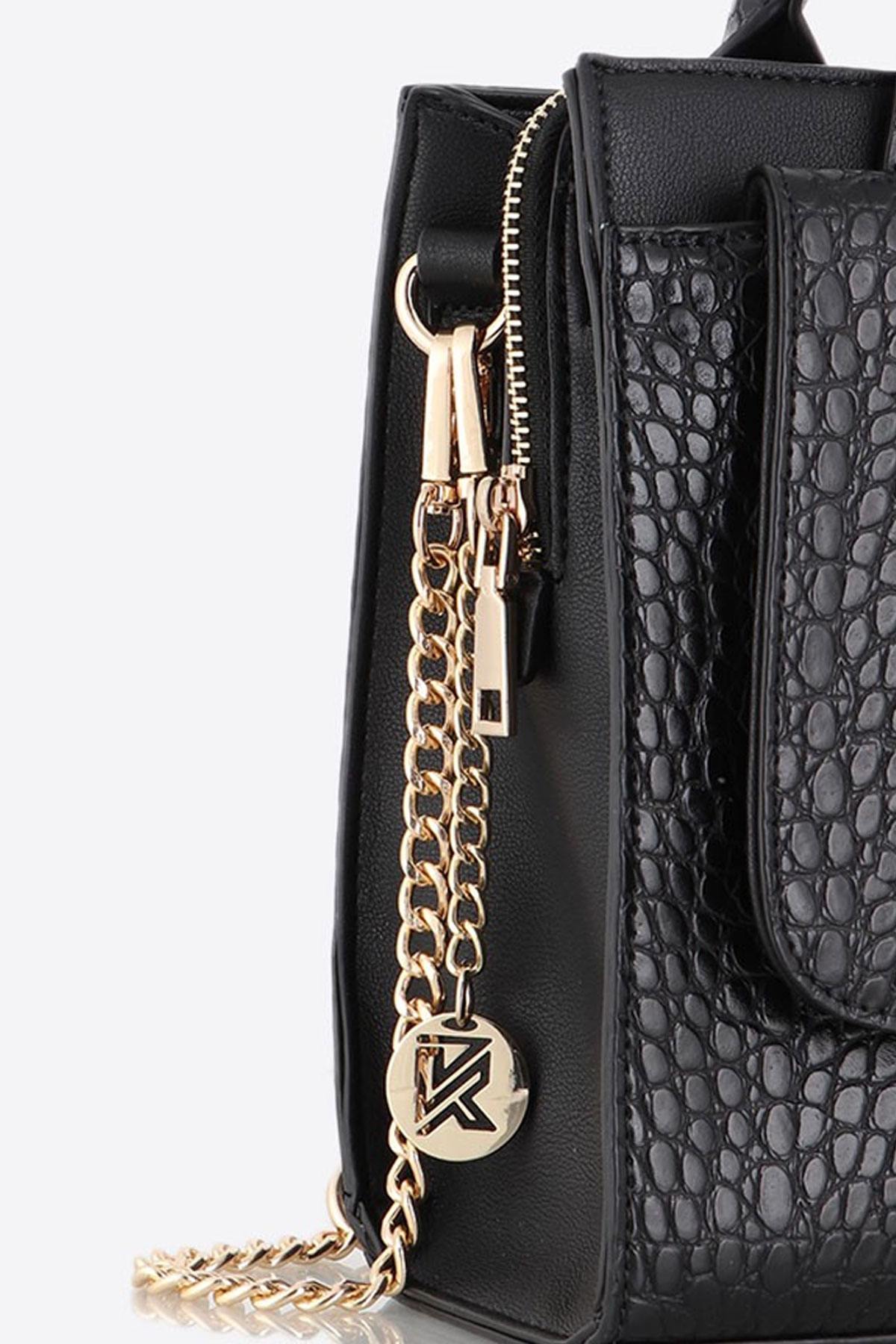 Handbag with black crocodile effect handles - Image n°2