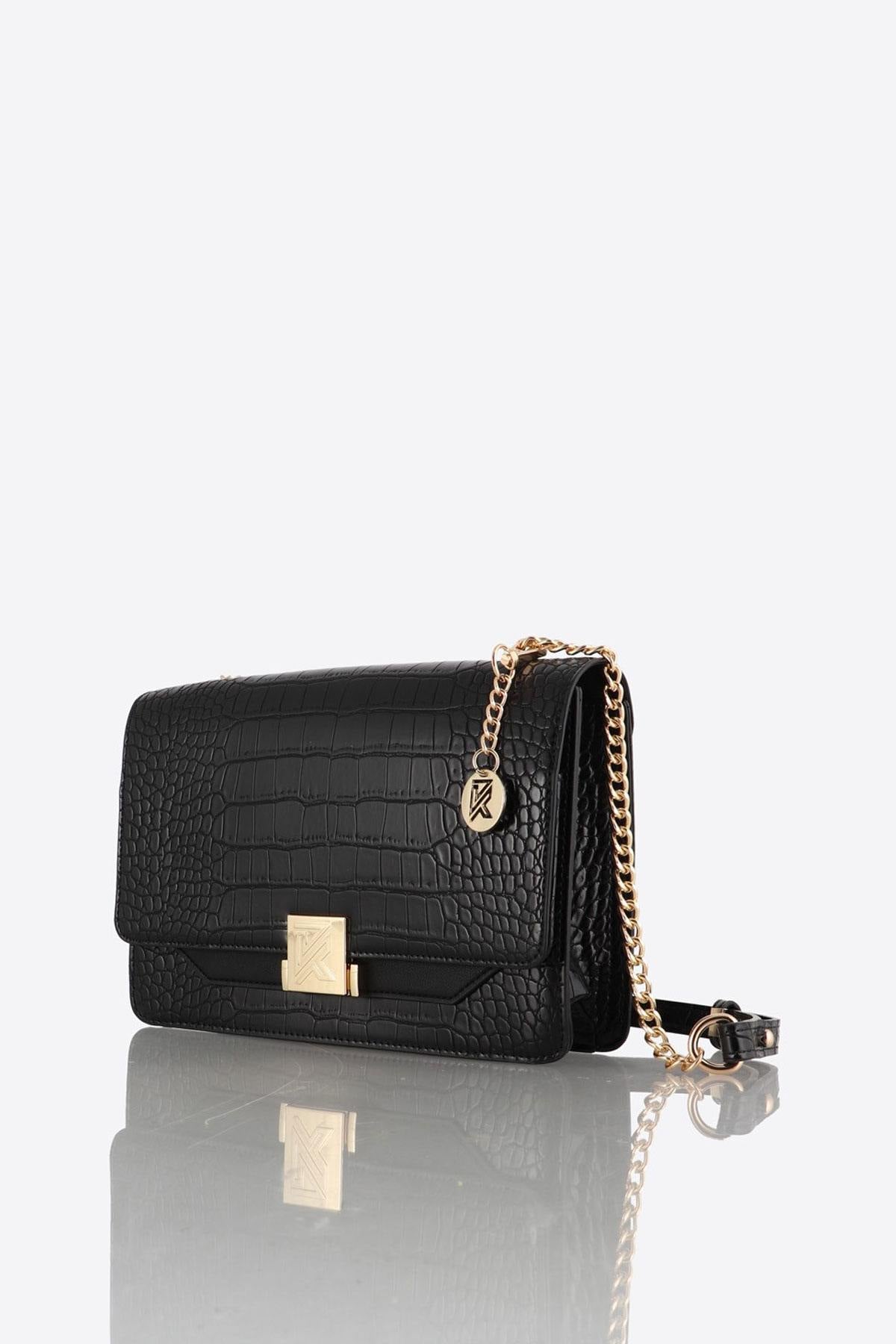 Black faux crocodile leather shoulder bag - Image n°7