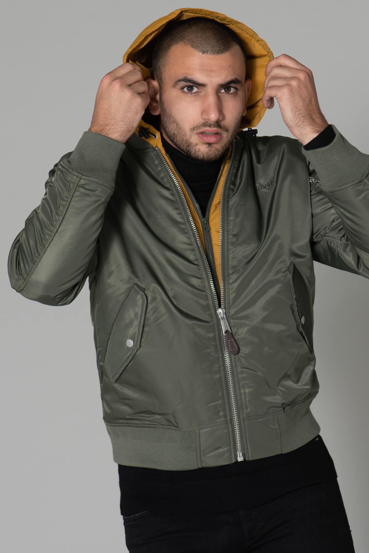 Khaki bomber with yellow removable hood - Image n°1