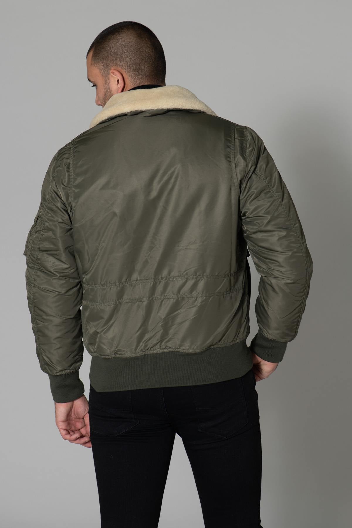 Khaki pilot jacket with beige fur-lined collar - Image n°7