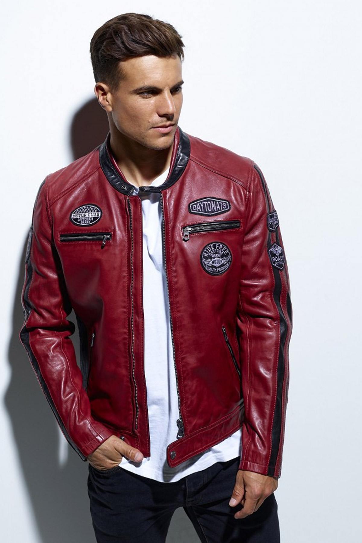 Red leather jacket with biker collar - Image n°1