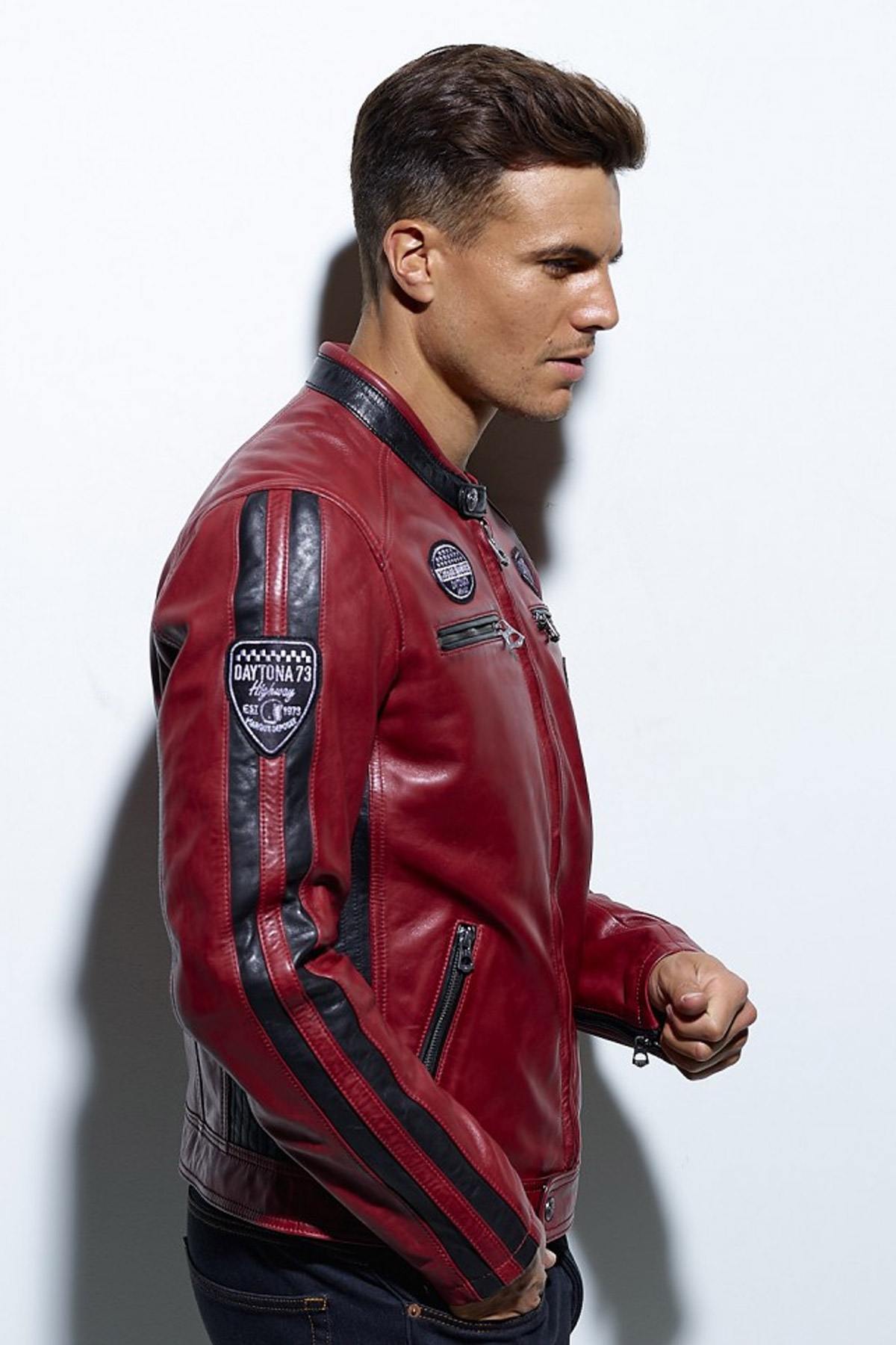 Red leather jacket with biker collar - Image n°3