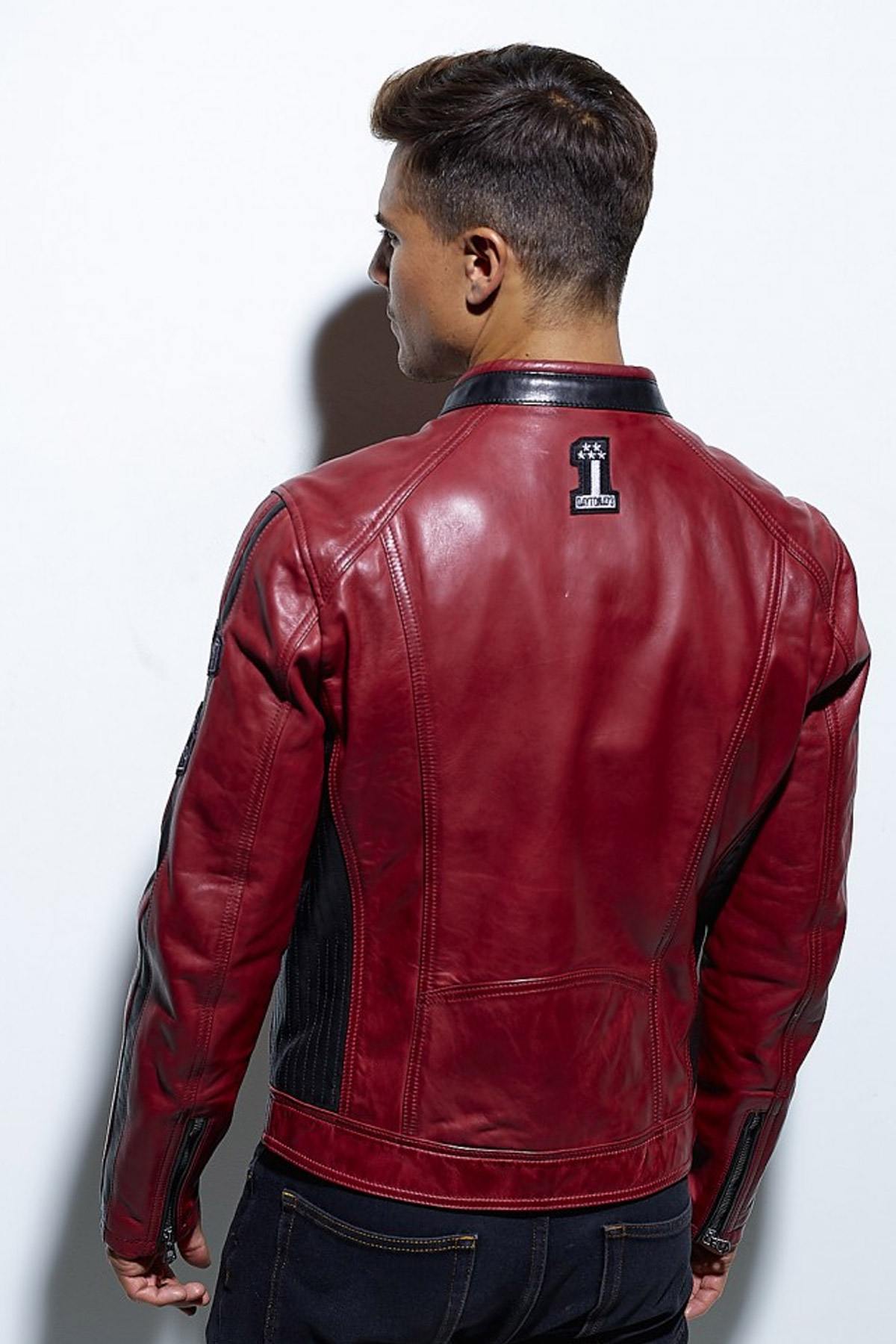 Red leather jacket with biker collar - Image n°4