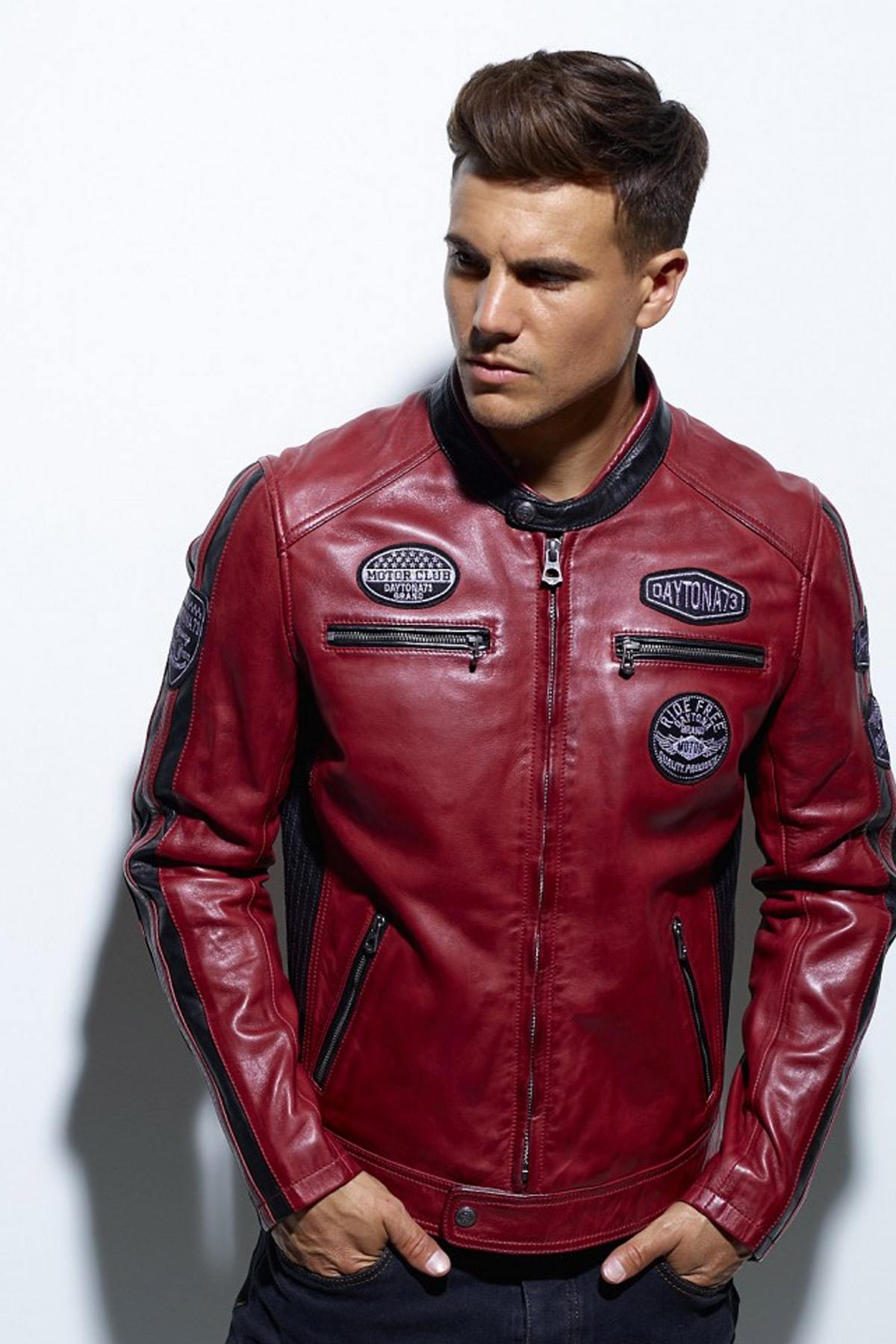 Red leather jacket with biker collar - Image n°2