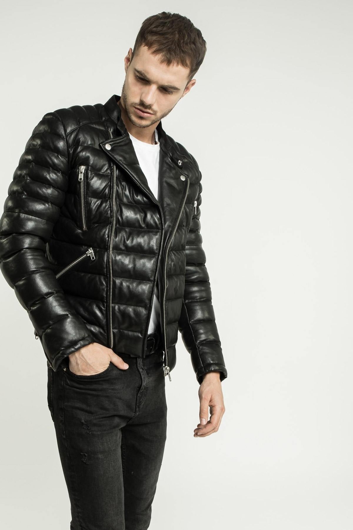 Men's perf-style leather down jacket - Image n°1