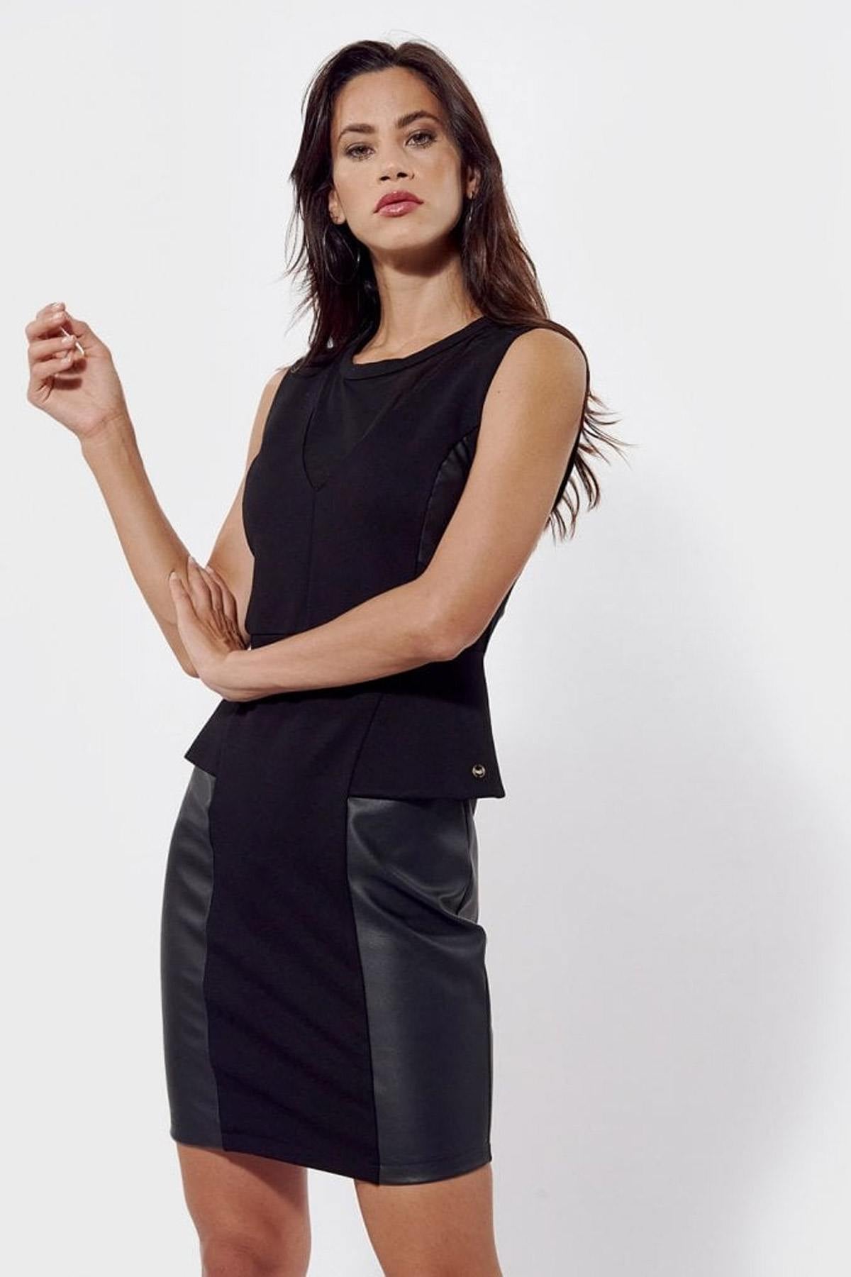 Elegant dress in viscose and faux leather - Image n°1