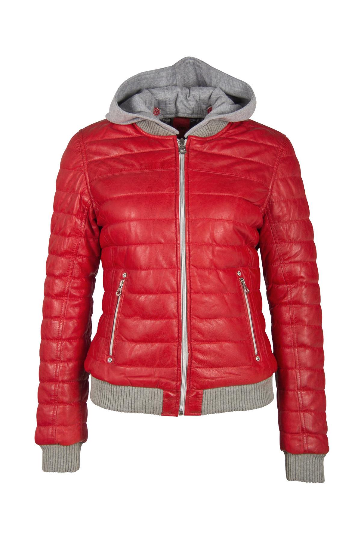 Fine red leather down jacket with cotton hood - Image n°8