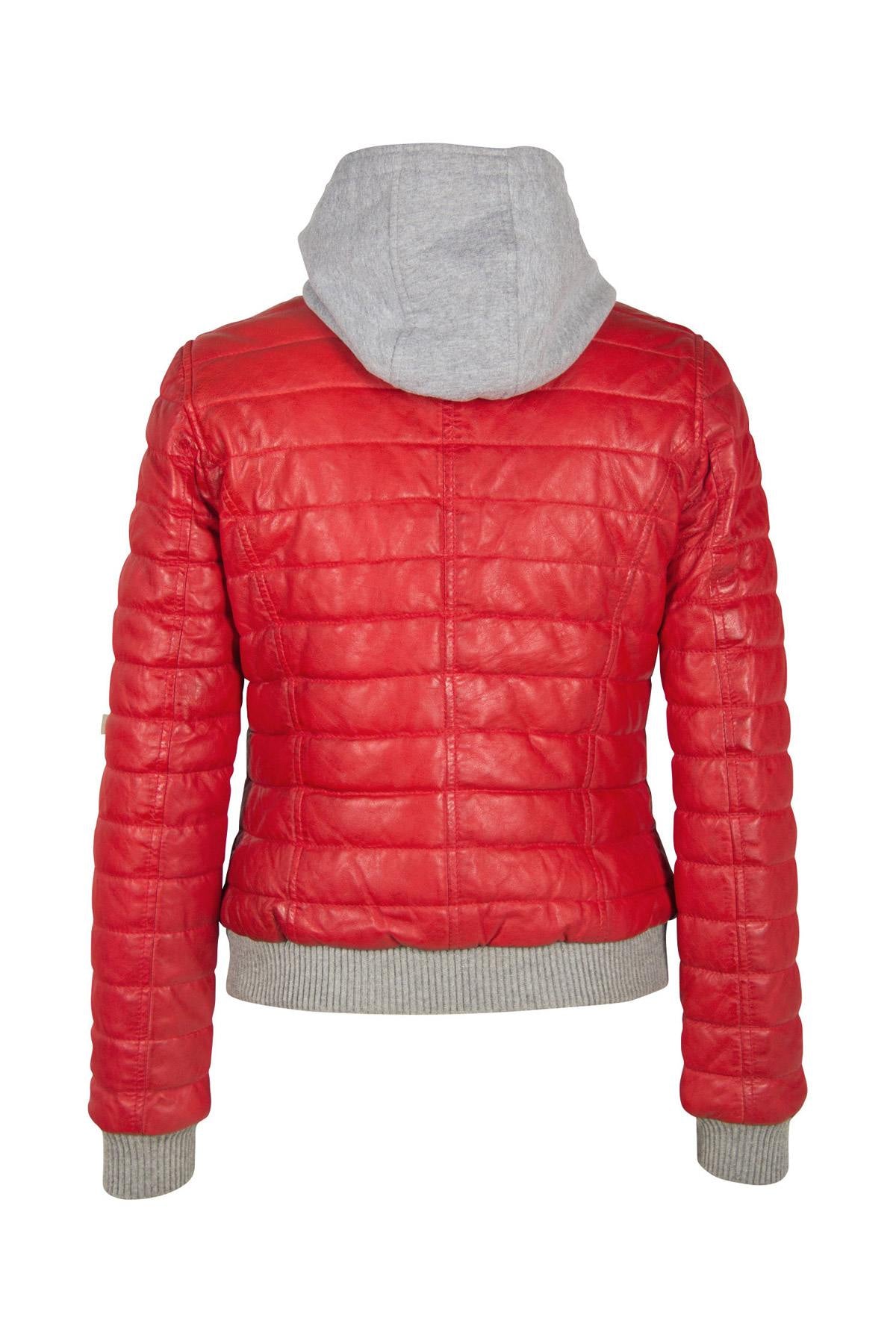 Fine red leather down jacket with cotton hood - Image n°9