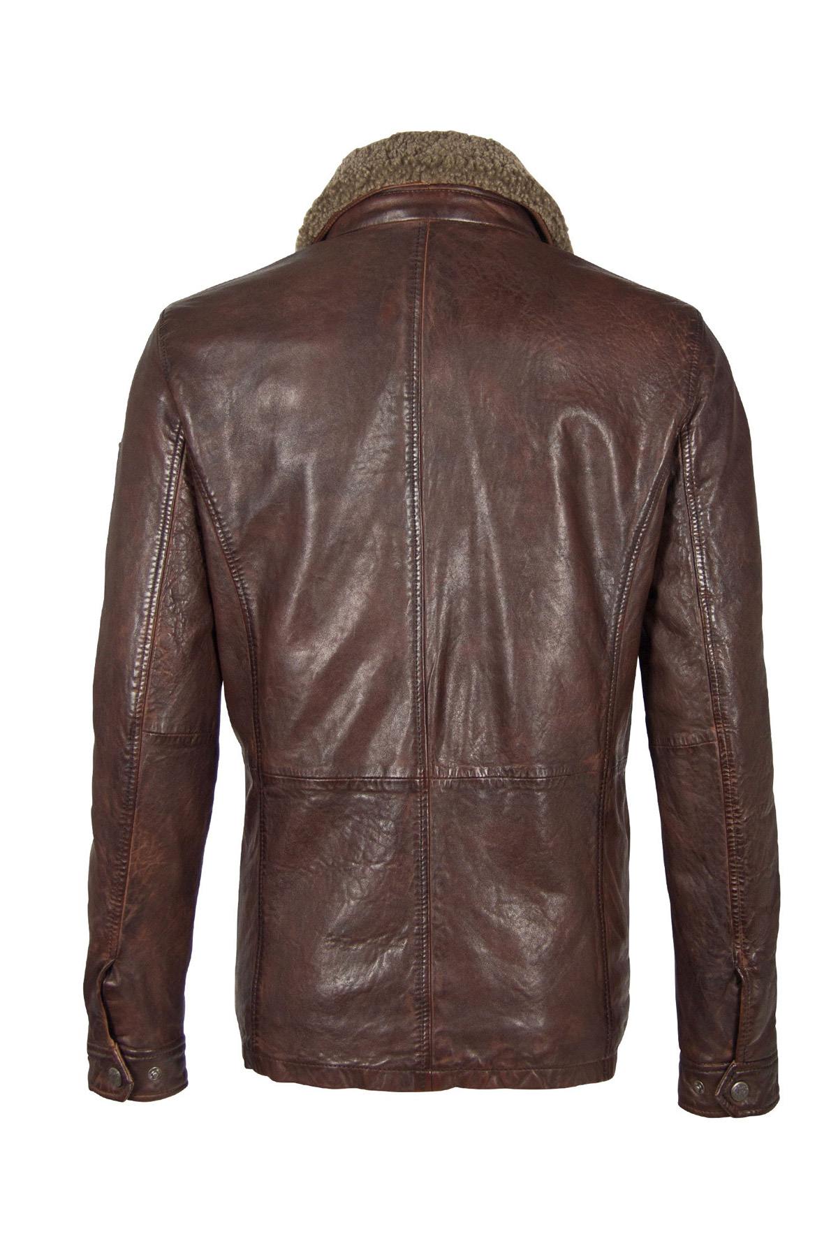 Mid-length brown leather jacket with fur collar - Image n°9