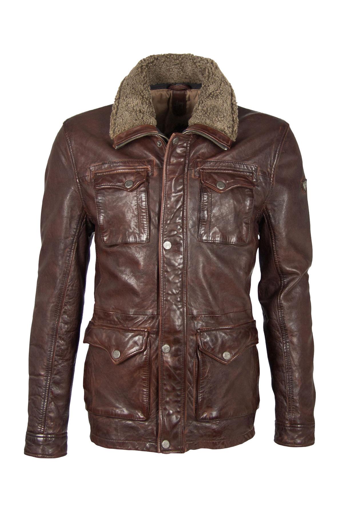 Mid-length brown leather jacket with fur collar - Image n°8