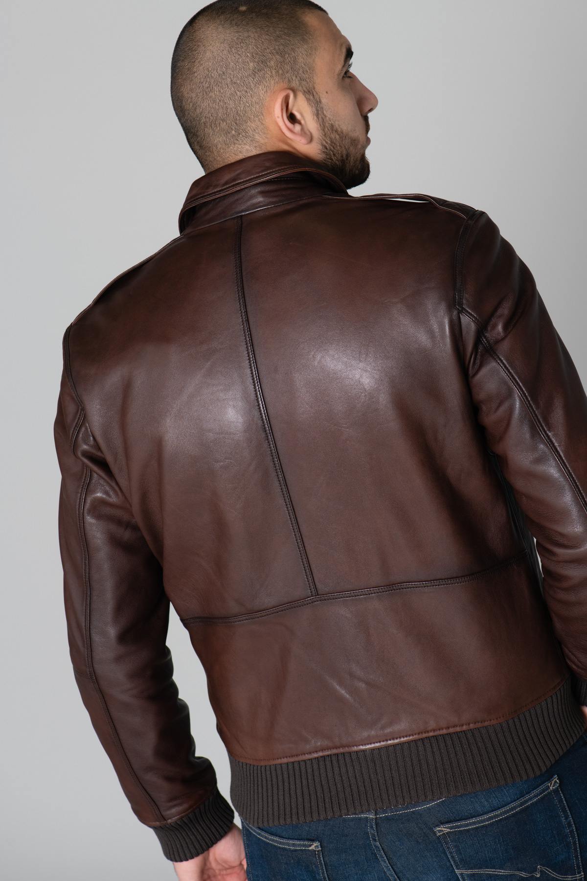 Brown leather jacket with shirt collar - Image n°5