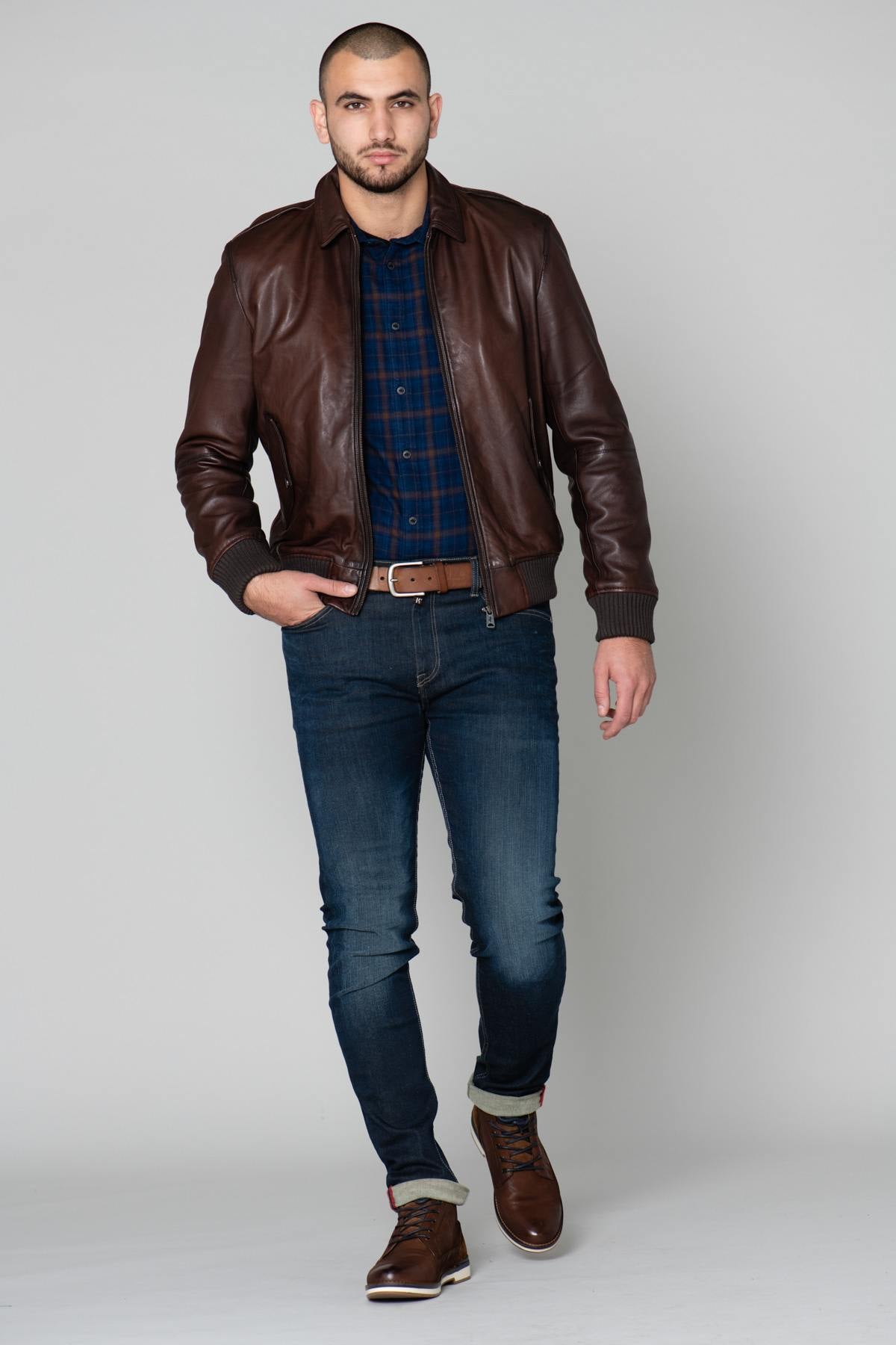 Brown leather jacket with shirt collar - Image n°2