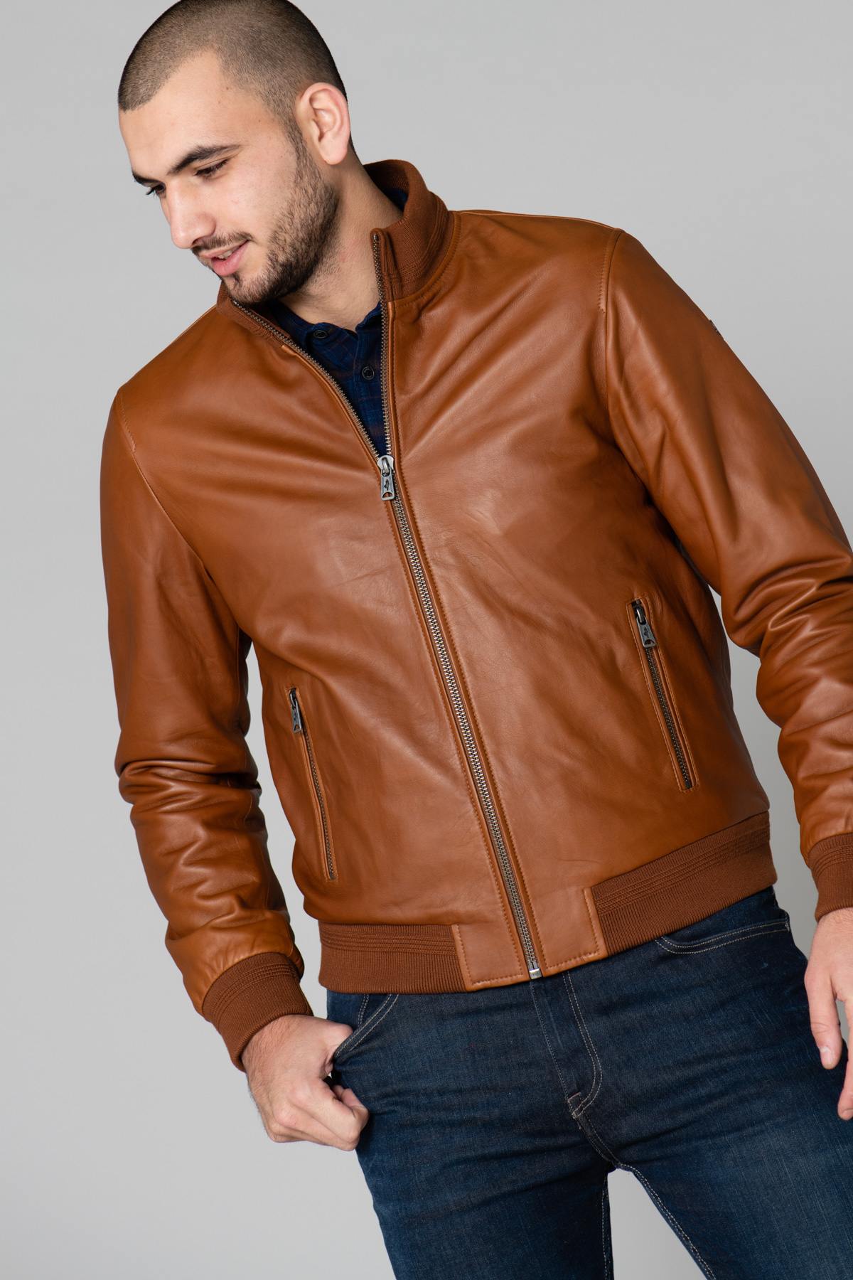 Men's teddy in cognac-colored leather - Image n°2