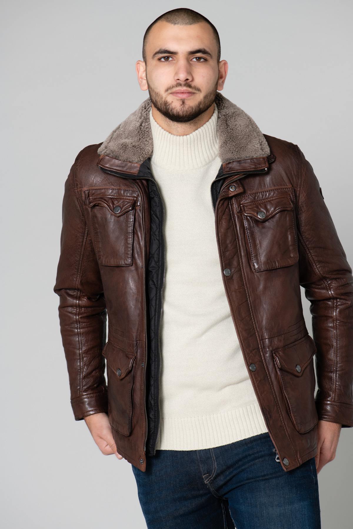 Mid-length brown leather jacket with fur collar - Image n°1