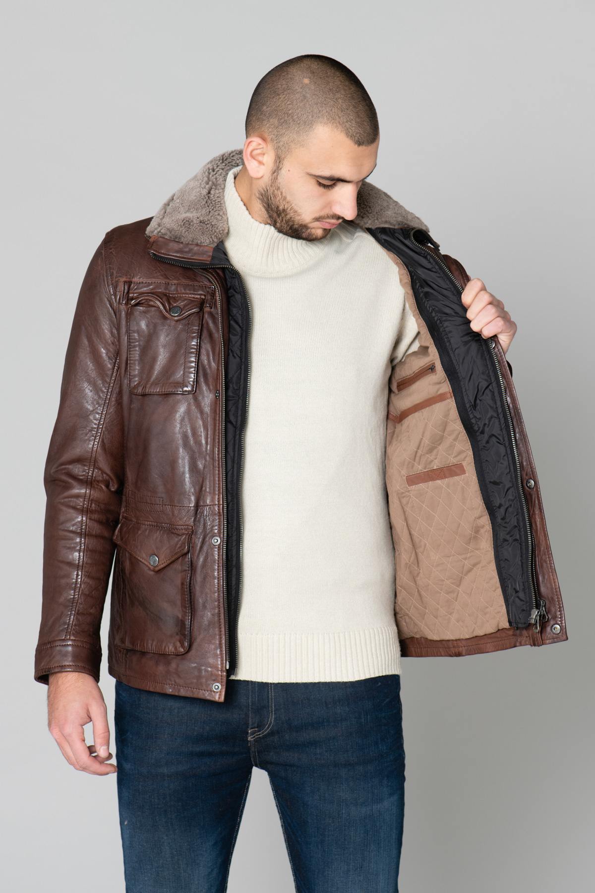 Mid-length brown leather jacket with fur collar - Image n°6