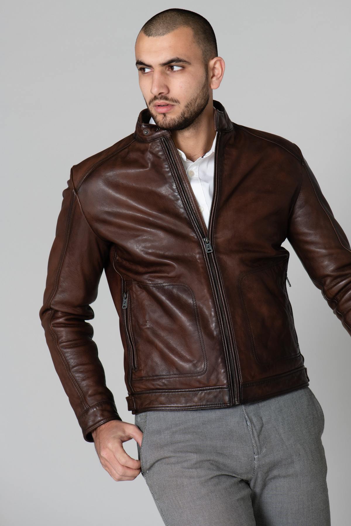 Men's distressed leather jacket - Image n°1